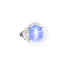 Estate Blue Star Sapphire Oval and White Diamond Cocktail Ring in Platinum