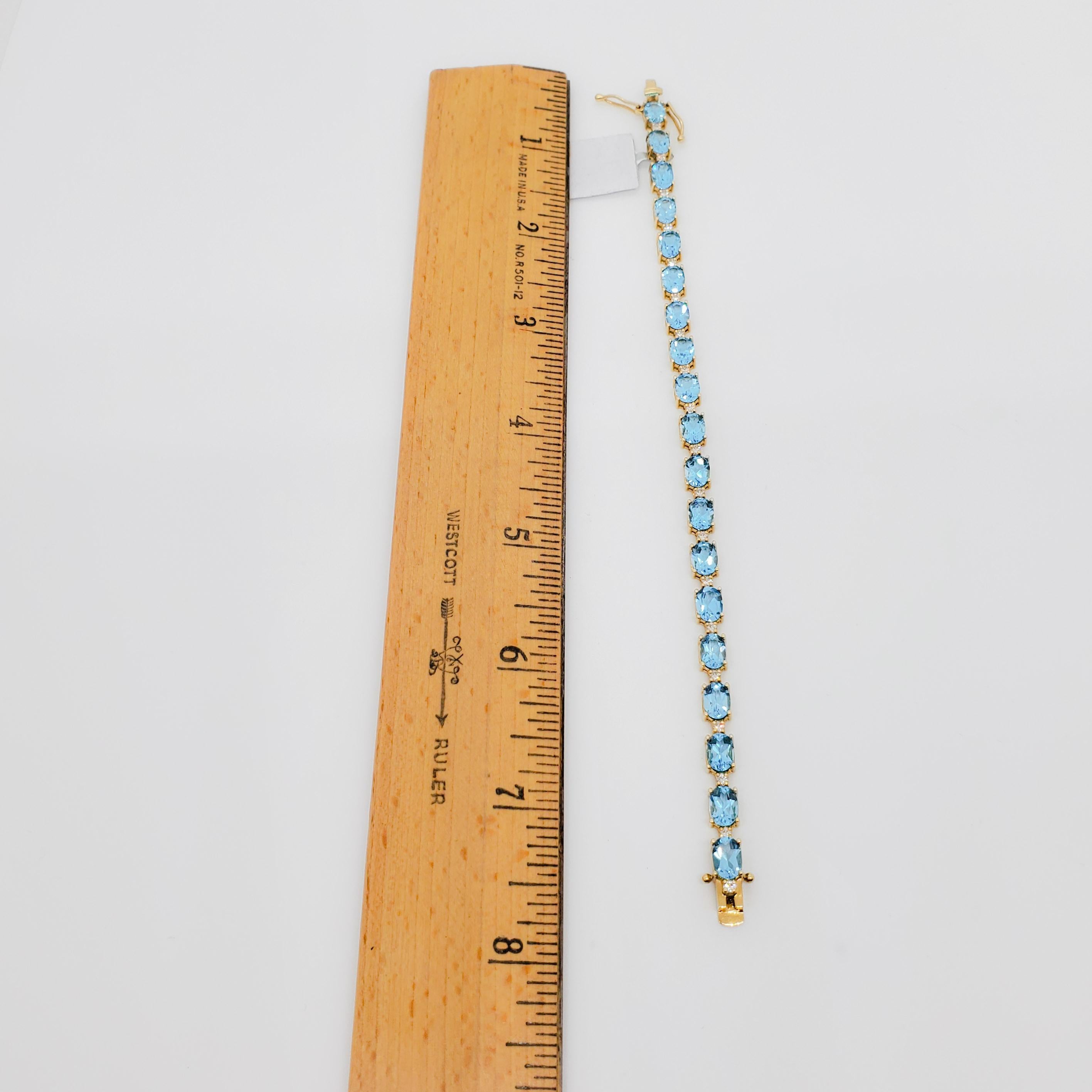 Blue Topaz and Diamond Straight Line Bracelet in 14k Yellow Gold For Sale 1