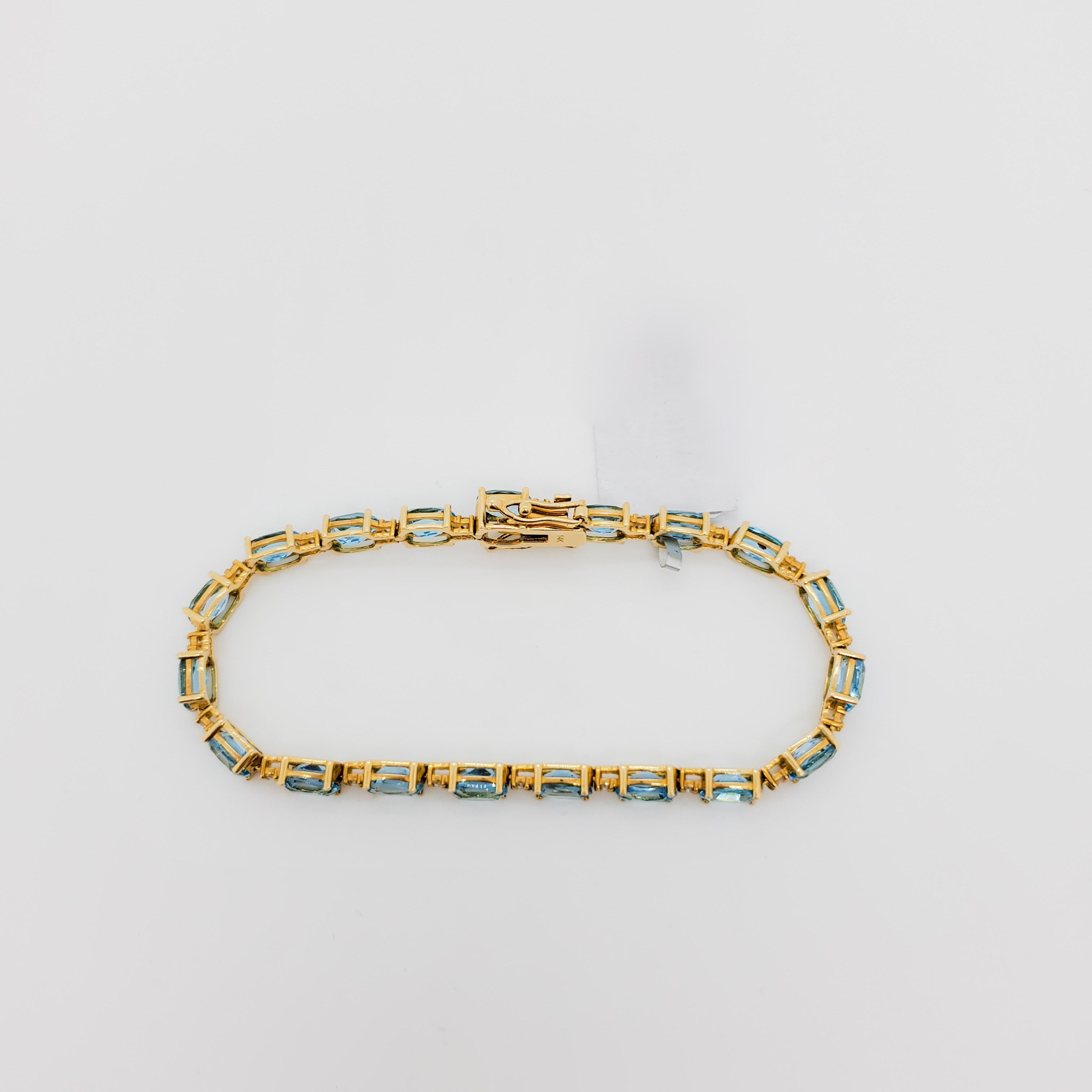 Women's or Men's Blue Topaz and Diamond Straight Line Bracelet in 14k Yellow Gold For Sale