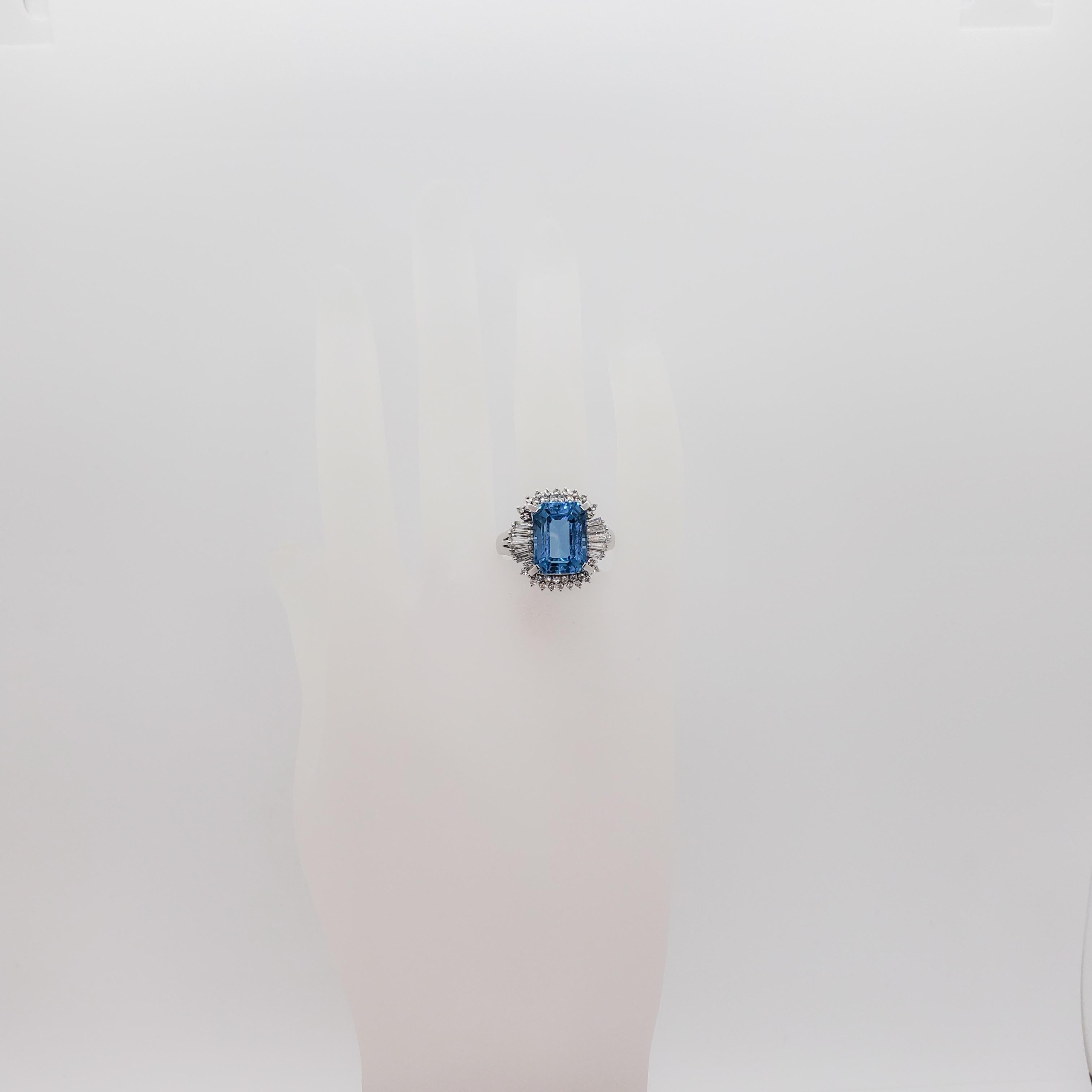 Emerald Cut Estate Blue Topaz and White Diamond Cocktail Ring in Platinum