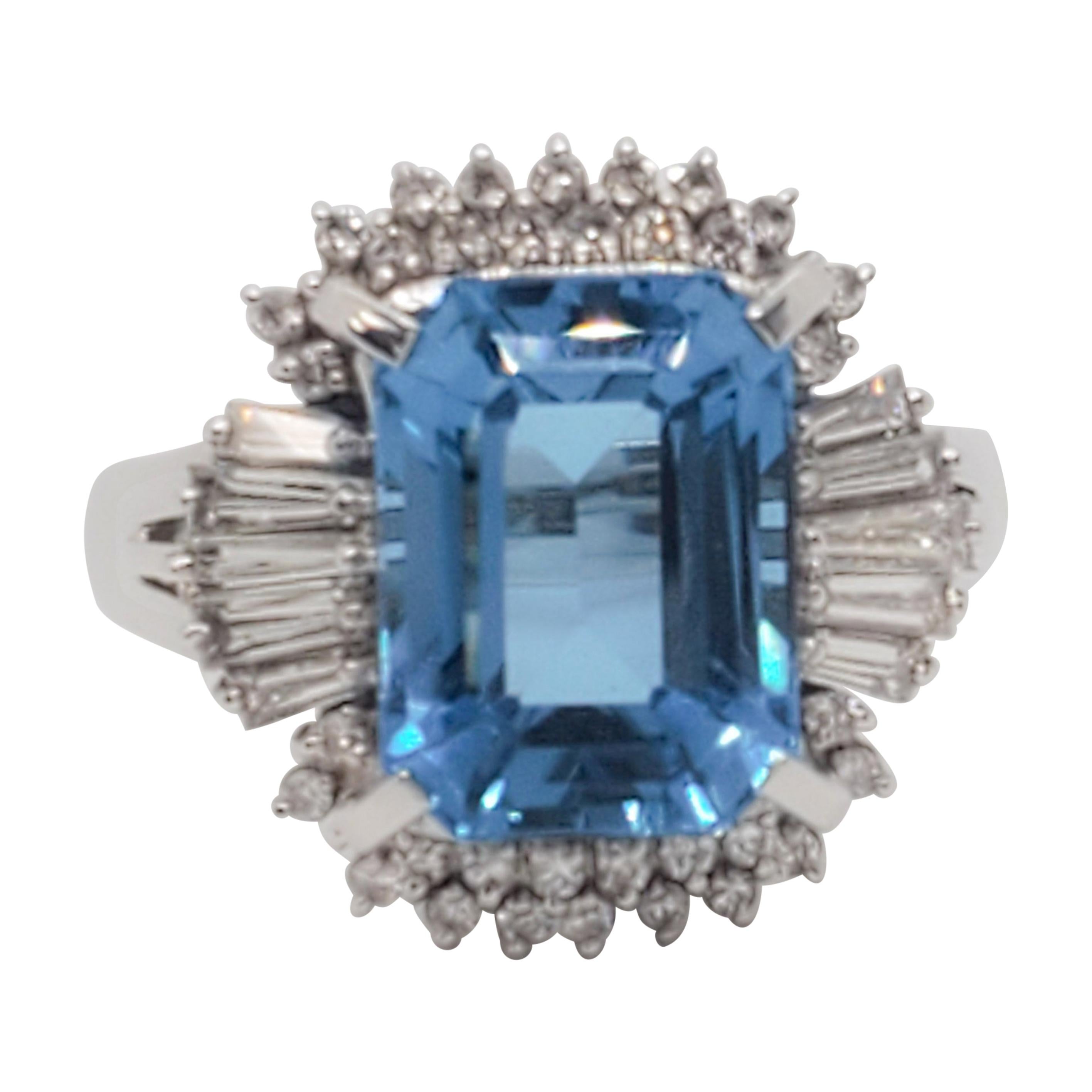 Estate Blue Topaz and White Diamond Cocktail Ring in Platinum
