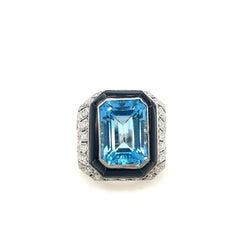 Estate Blue Topaz, Diamond, & Onyx Ring Platinum