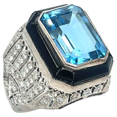 Vintage Estate Blue Topaz, Diamond, & Onyx Ring Platinum
