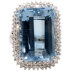 Estate Blue Topaz Emerald Cut and White Diamond Cocktail Ring in Platinum