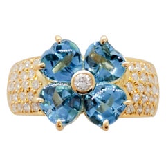 Estate Blue Topaz Heart and White Diamond Ring in 18 Karat Yellow Gold