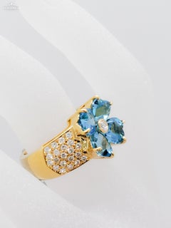 Estate Blue Topaz Heart and White Diamond Ring in 18 Karat Yellow Gold