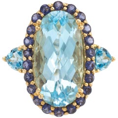 Estate Blue Topaz Iolite Ring Cocktail 14 Karat Yellow Gold Large Oval Jewelry