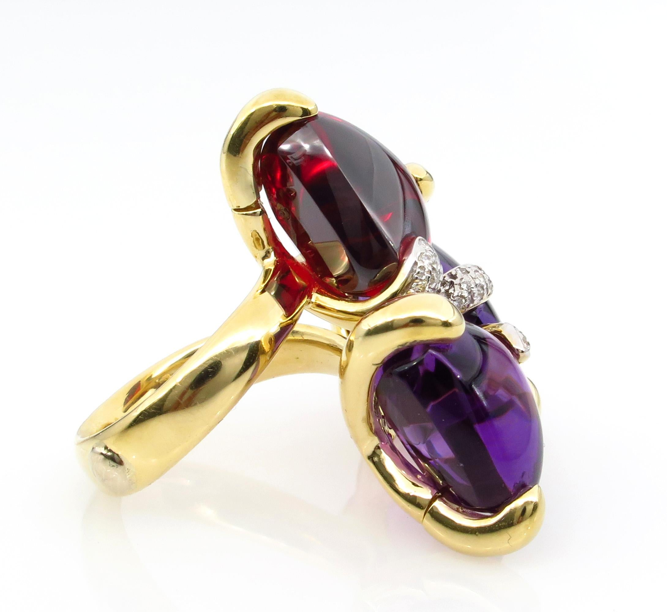 Estate Bold Fashion Garnet Amethyst Diamond 18K Yellow Gold Ring For Sale 5