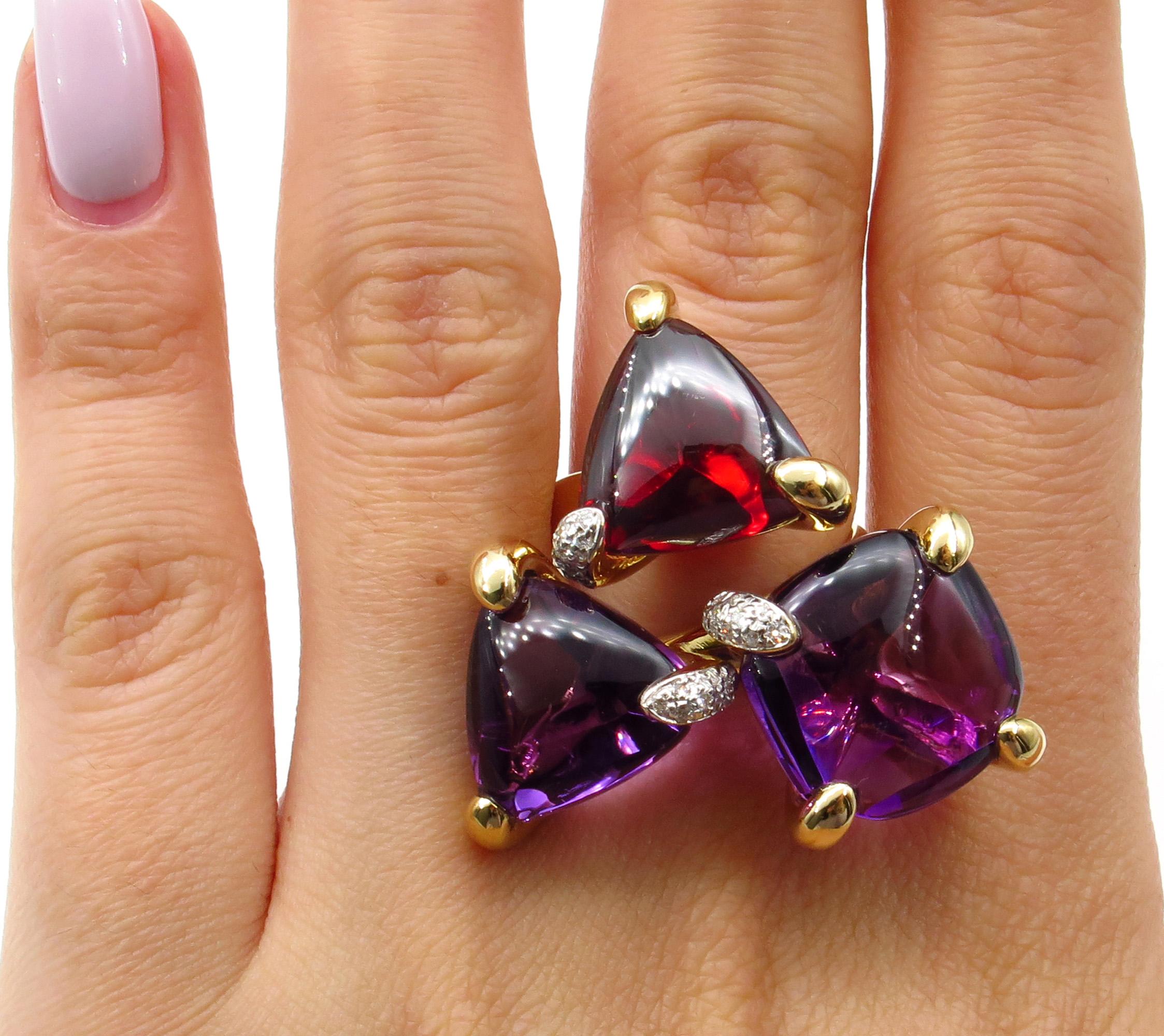 Estate Bold Fashion Garnet Amethyst Diamond 18K Yellow Gold Ring For Sale 3