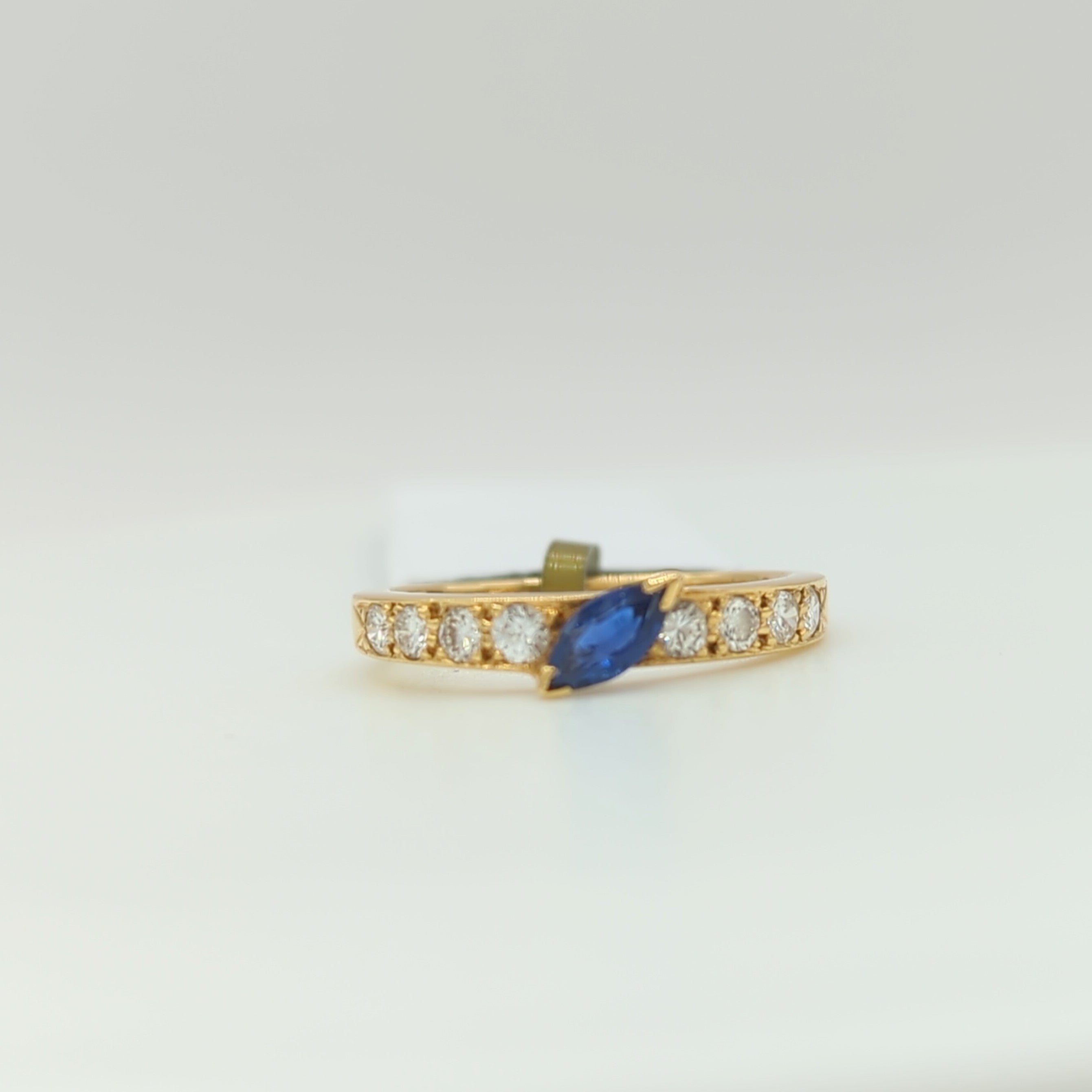 Women's or Men's Estate Boucheron Marquise Sapphire and White Diamond Ring in 18K Yellow Gold For Sale
