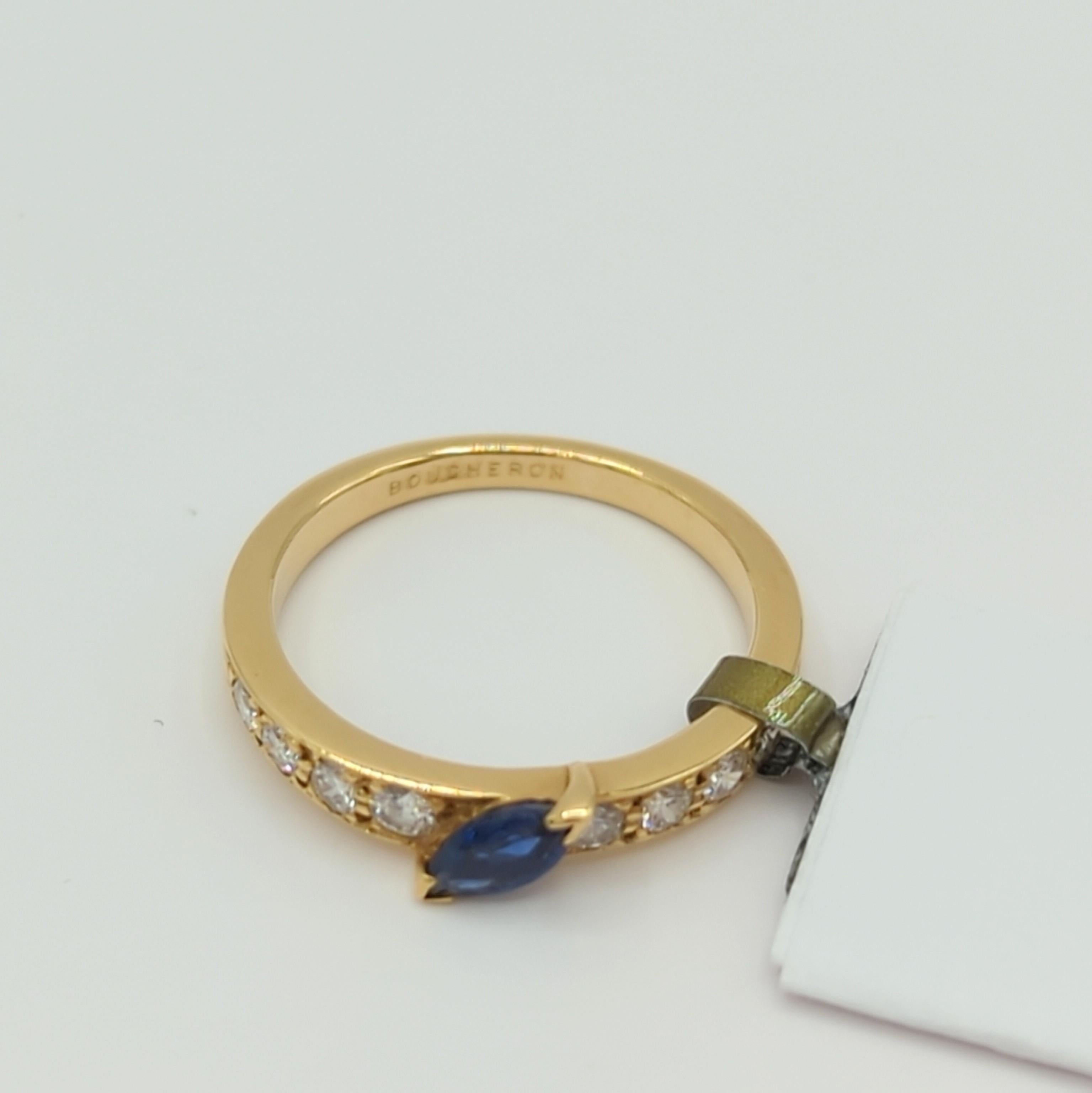 Estate Boucheron Marquise Sapphire and White Diamond Ring in 18K Yellow Gold For Sale 3
