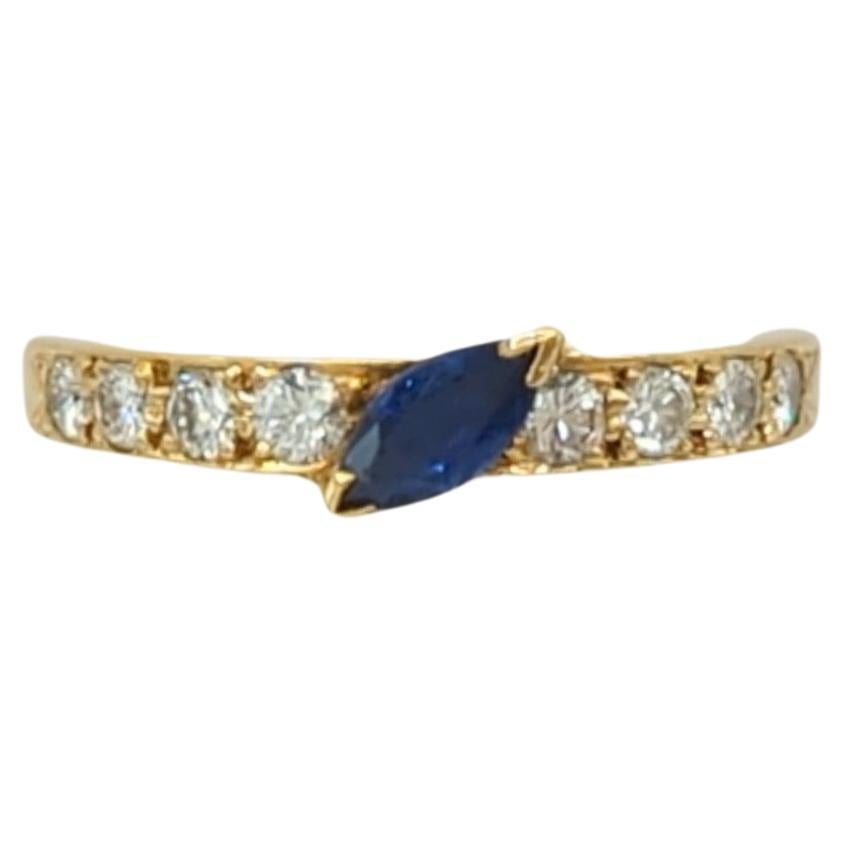 Estate Boucheron Marquise Sapphire and White Diamond Ring in 18K Yellow Gold For Sale