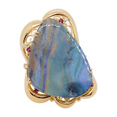 Estate Boulder Opal, Diamond, Emerald, and Ruby Cocktail Ring in 18k Yellow Gold