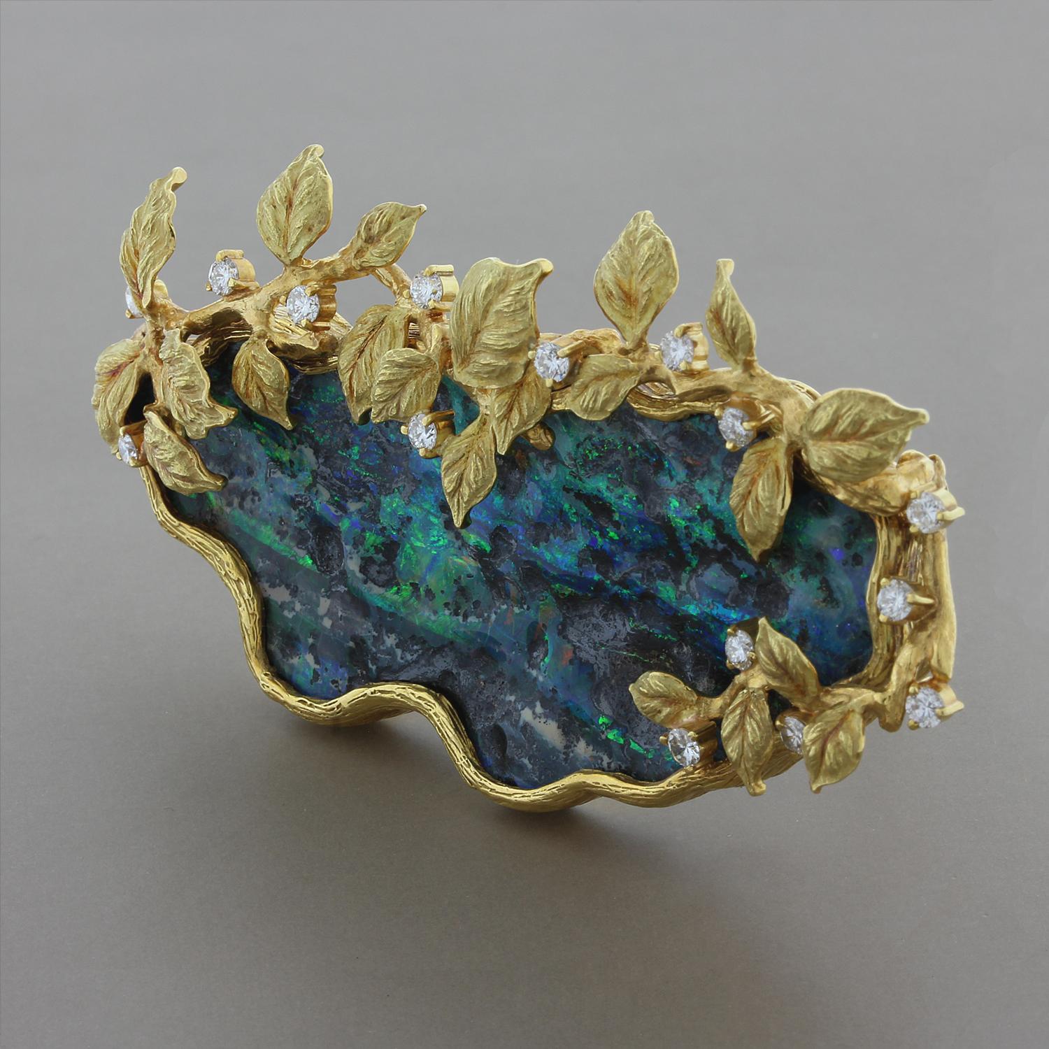Estate Boulder Opal Diamond Gold Brooch or Pendant In Excellent Condition For Sale In Beverly Hills, CA