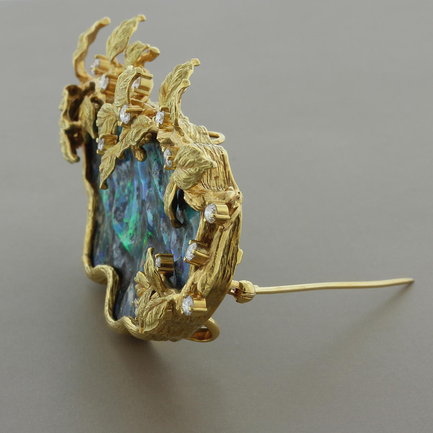 Women's or Men's Estate Boulder Opal Diamond Gold Brooch or Pendant For Sale