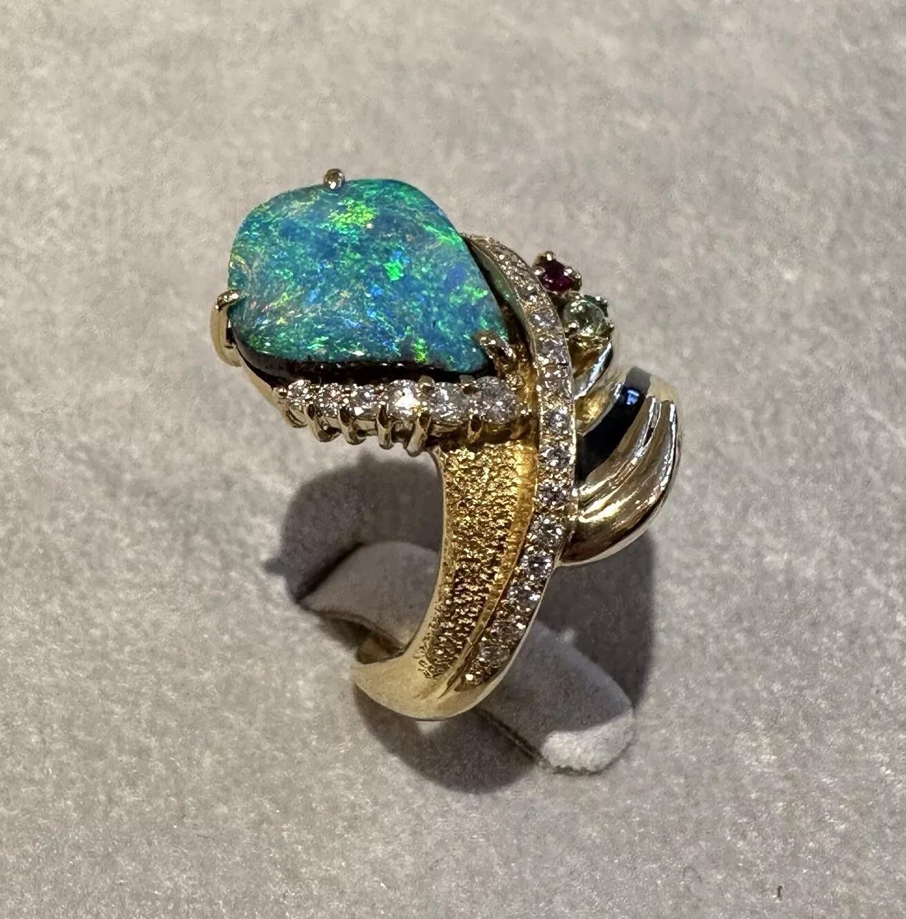 Round Cut Estate Boulder Opal Ring with Diamonds in 18k Yellow Gold For Sale