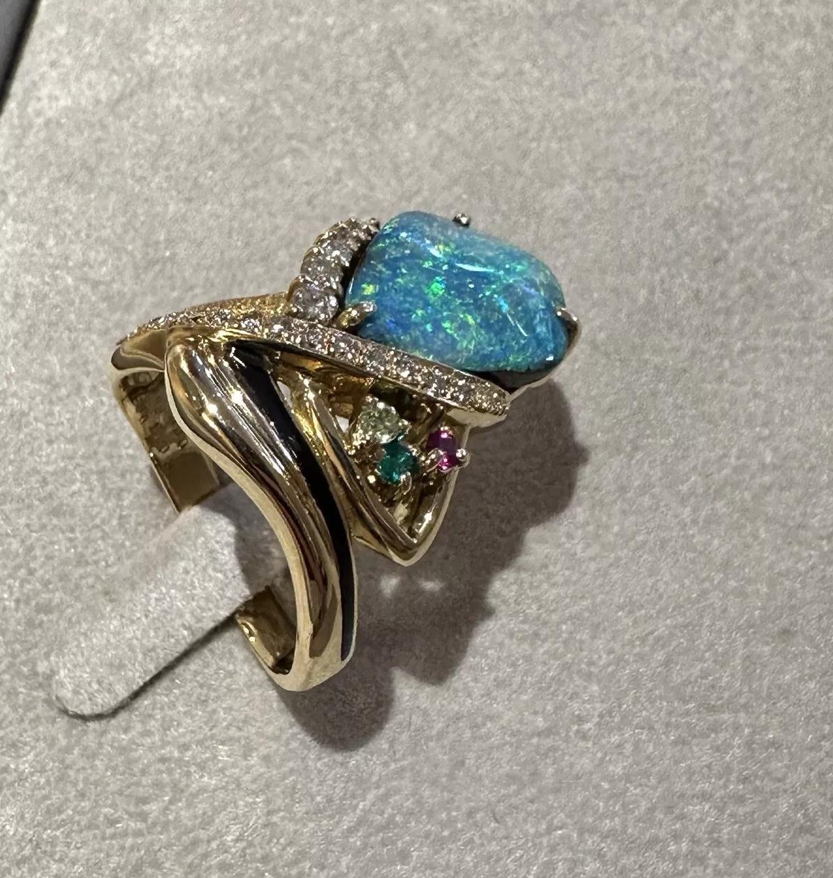 Estate Boulder Opal Ring with Diamonds in 18k Yellow Gold In Excellent Condition For Sale In La Jolla, CA
