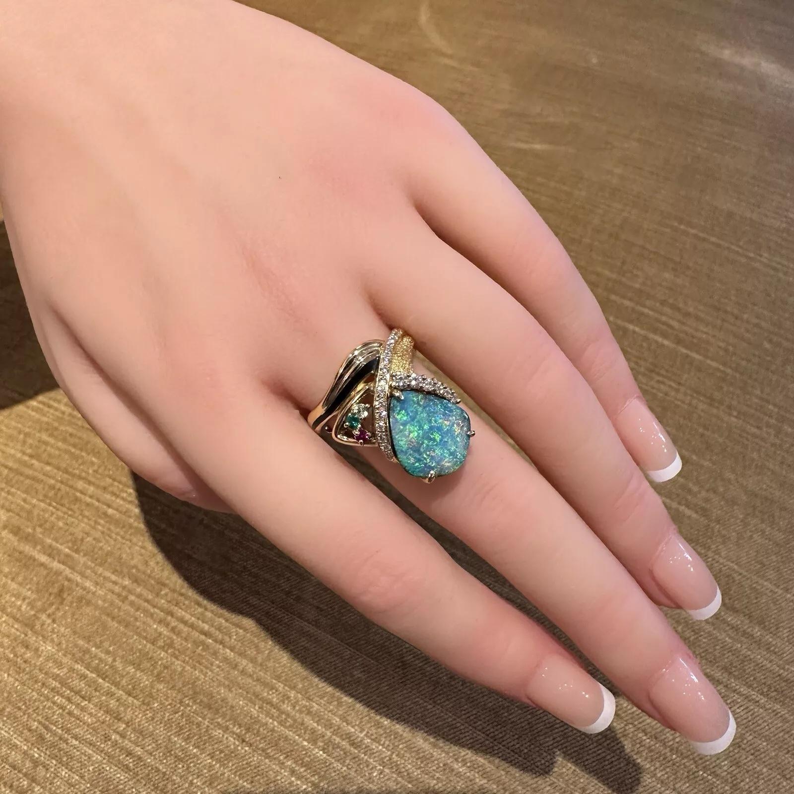 Estate Boulder Opal Ring with Diamonds in 18k Yellow Gold For Sale 1