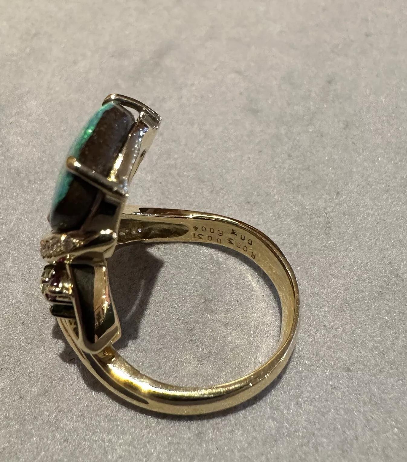 Estate Boulder Opal Ring with Diamonds in 18k Yellow Gold For Sale 3