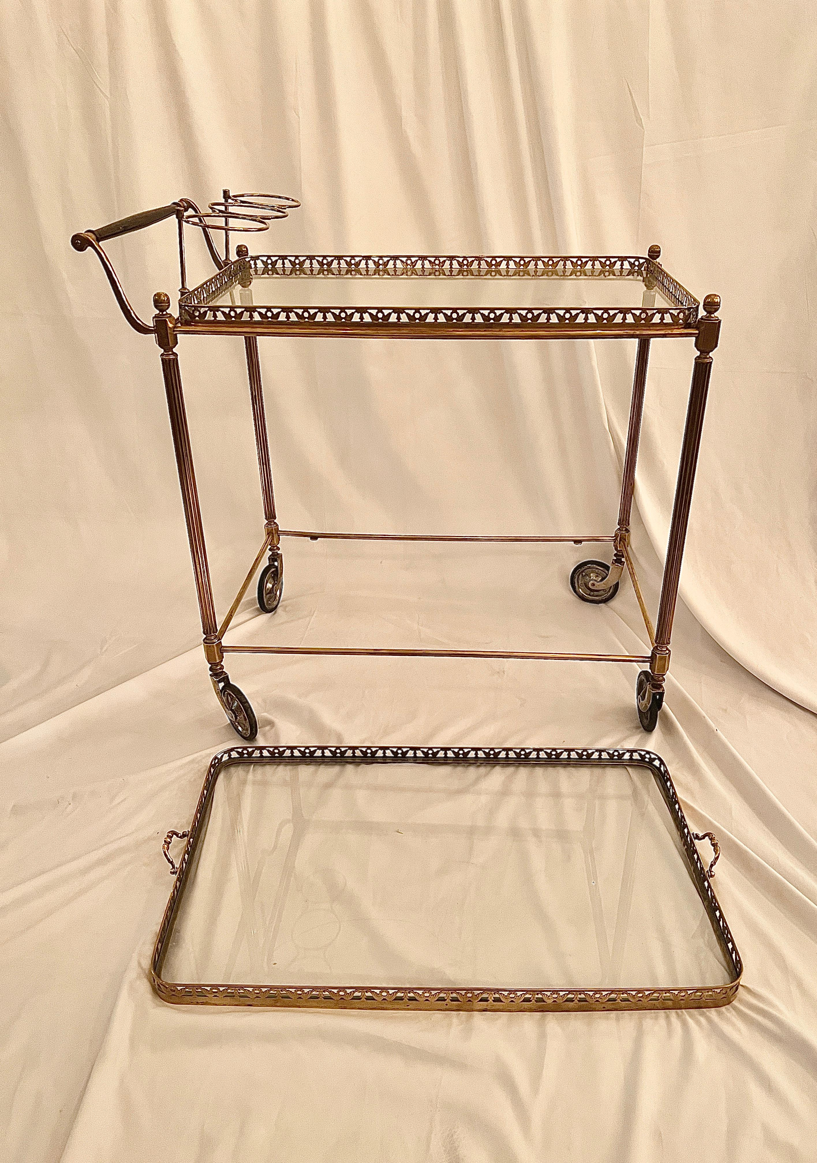 Estate Brass & Glass Rolling Drinks Cart with Serving Tray, Circa 1950's-1960's. For Sale 1