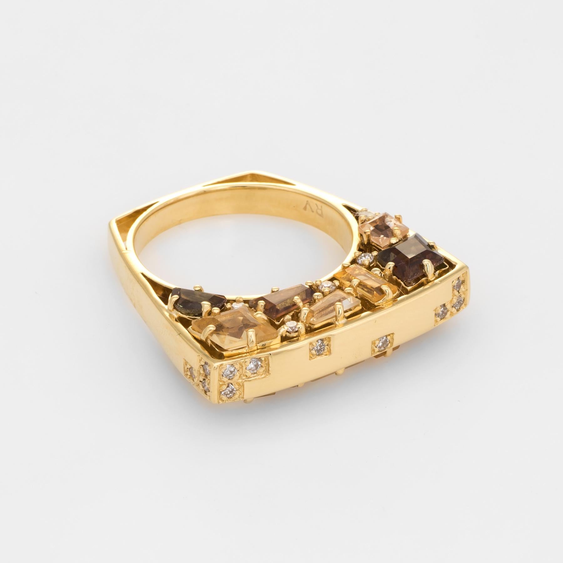 Modern Estate Bridge Ring Diamond Citrine Quartz 18 Karat Yellow Gold Jewelry Square