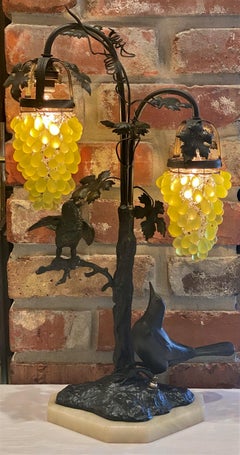 Estate Bronze Birds Table Lamp with Green Crystal Glass Grape Shades circa 1930s