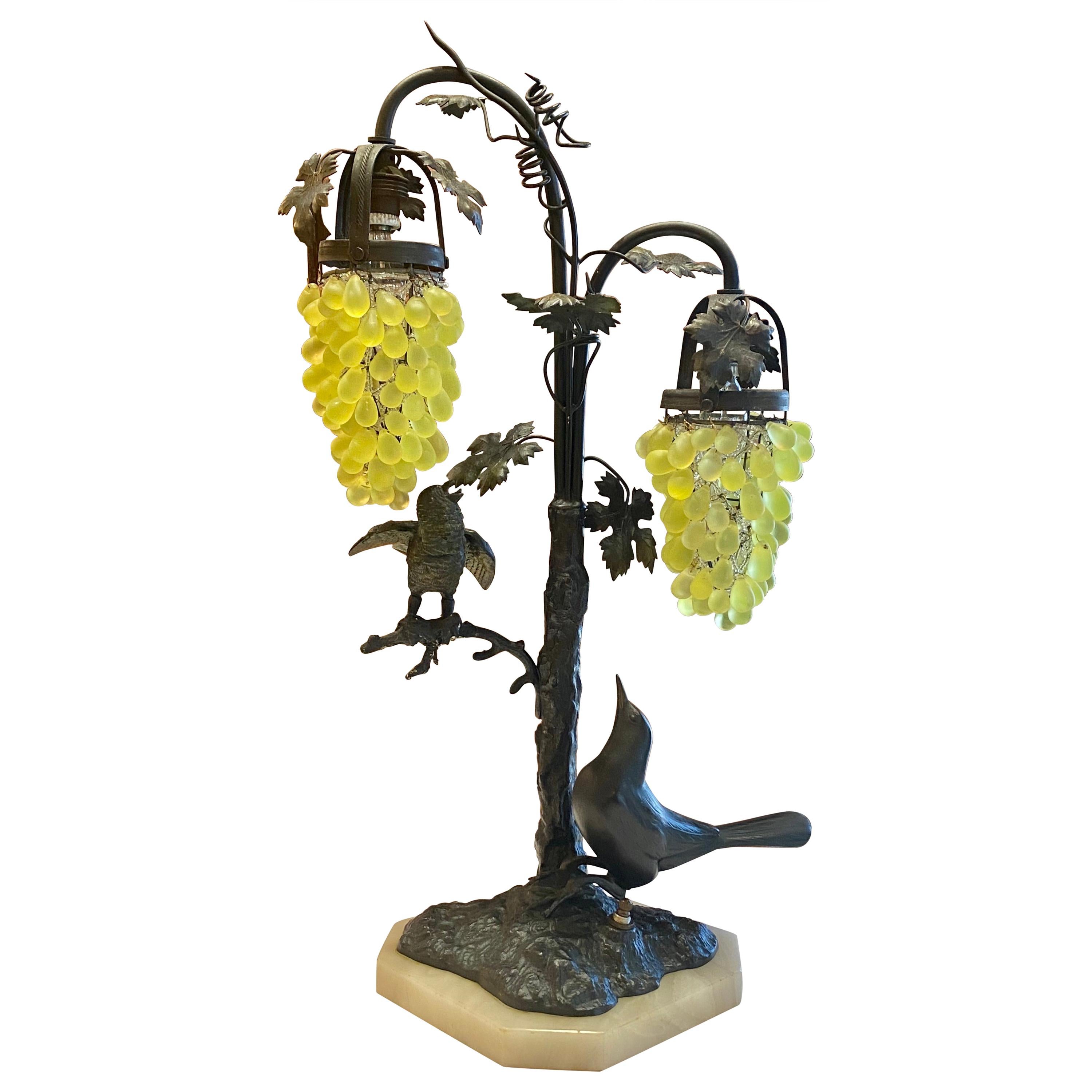 Estate Bronze Birds Table Lamp with Green Crystal Glass Grape Shades circa 1930s