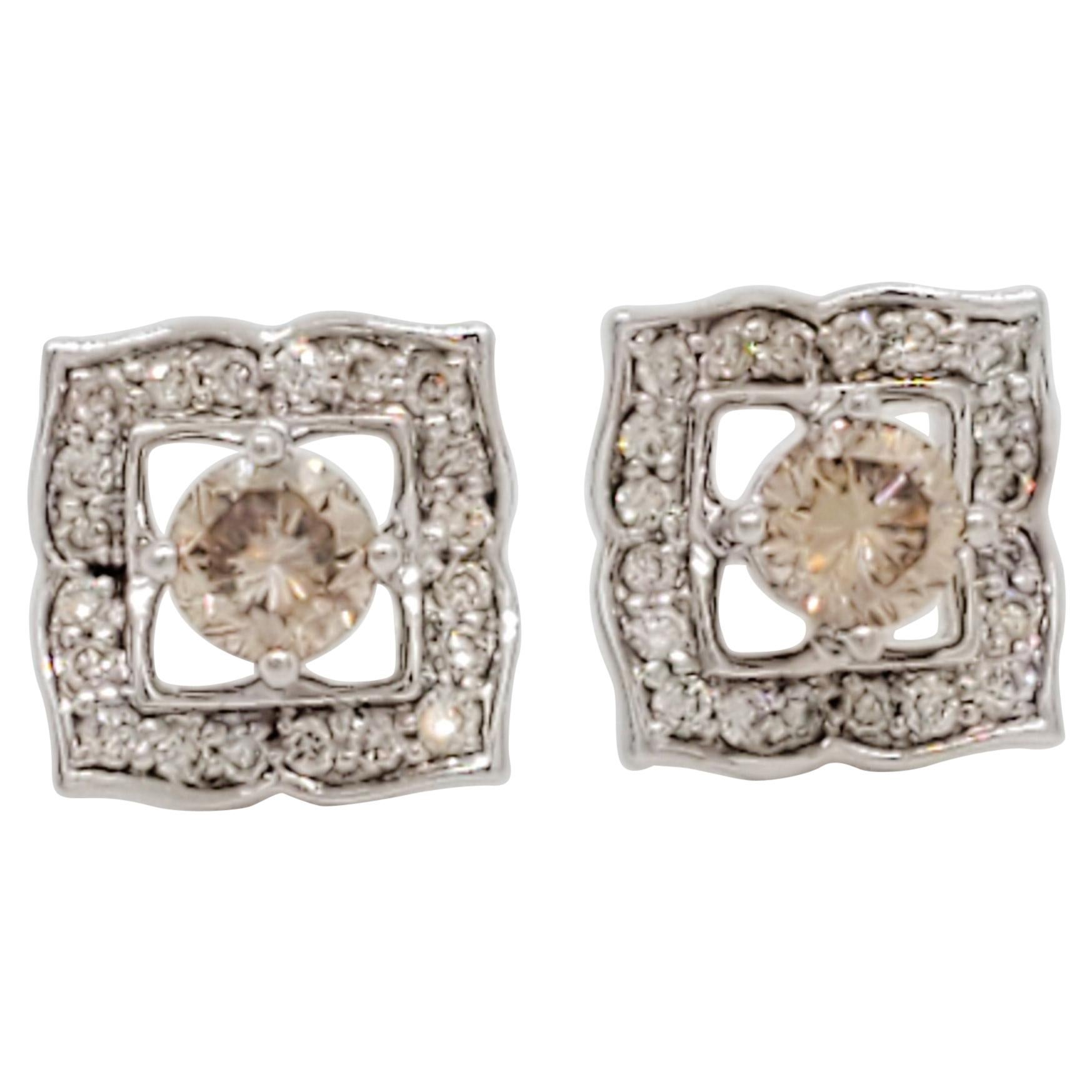 Estate Brown and White Diamond Earrings in 18k White Gold
