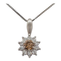 Estate Brown Diamond and White Diamond Flower Pendant Necklace in Platinum