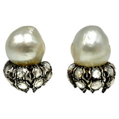 Estate Buccellati Baroque Pearl Rose Cut Diamond 18K Gold Silver Earrings