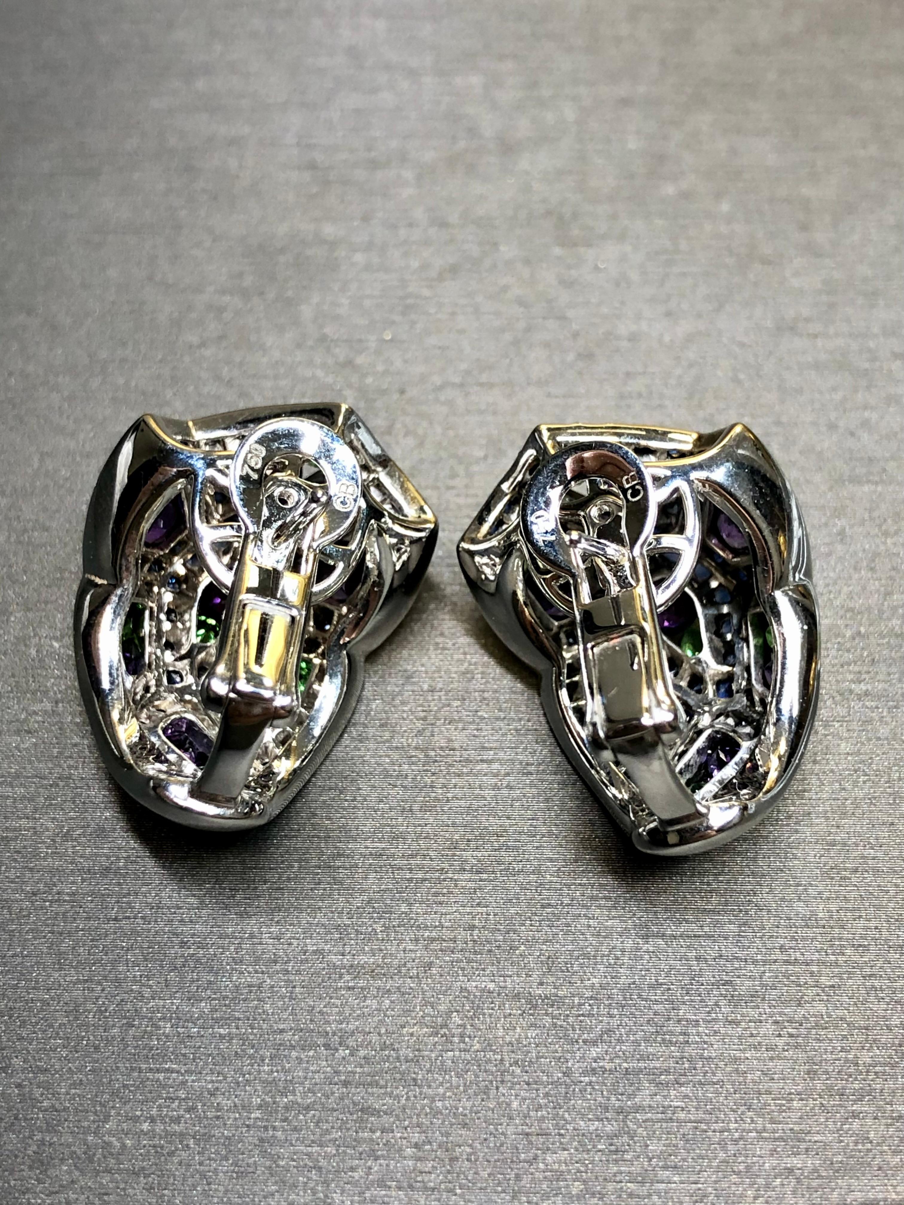 Women's or Men's Estate BUCHERER 18K Sapphire Tsavorite Amethyst Geometric Huggie Earrings For Sale