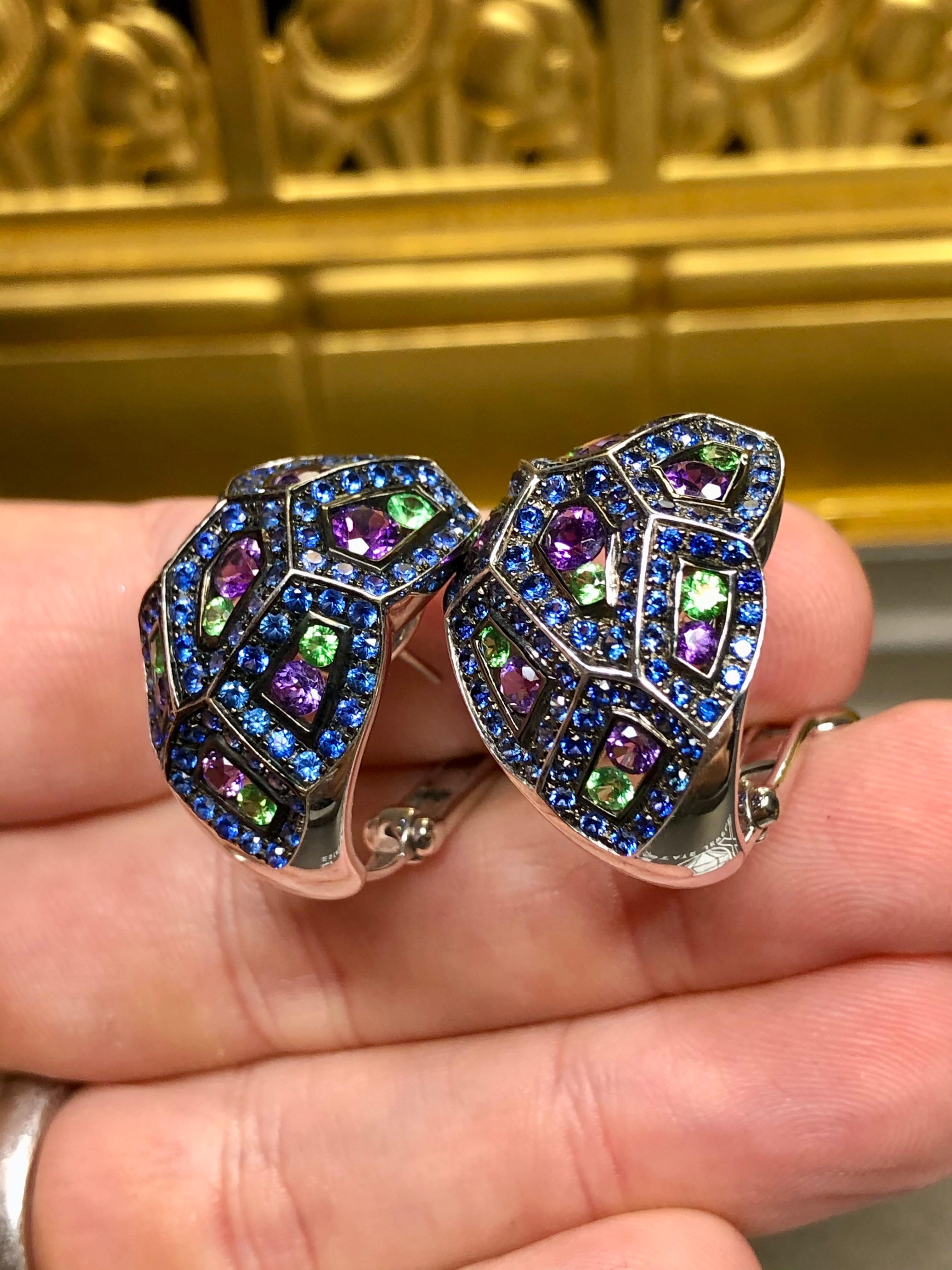 Estate BUCHERER 18K Sapphire Tsavorite Amethyst Geometric Huggie Earrings For Sale 1