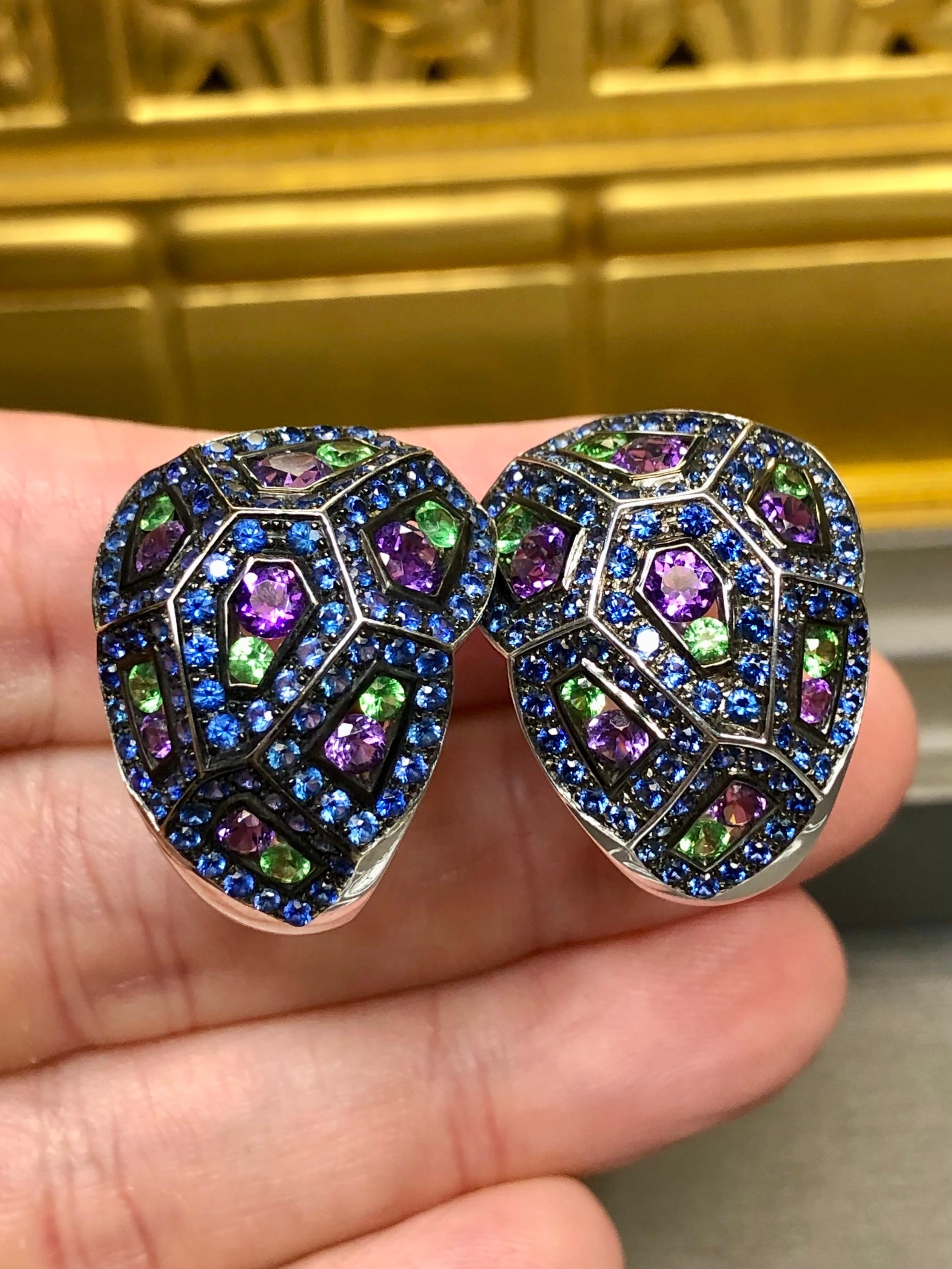 Estate BUCHERER 18K Sapphire Tsavorite Amethyst Geometric Huggie Earrings For Sale 2