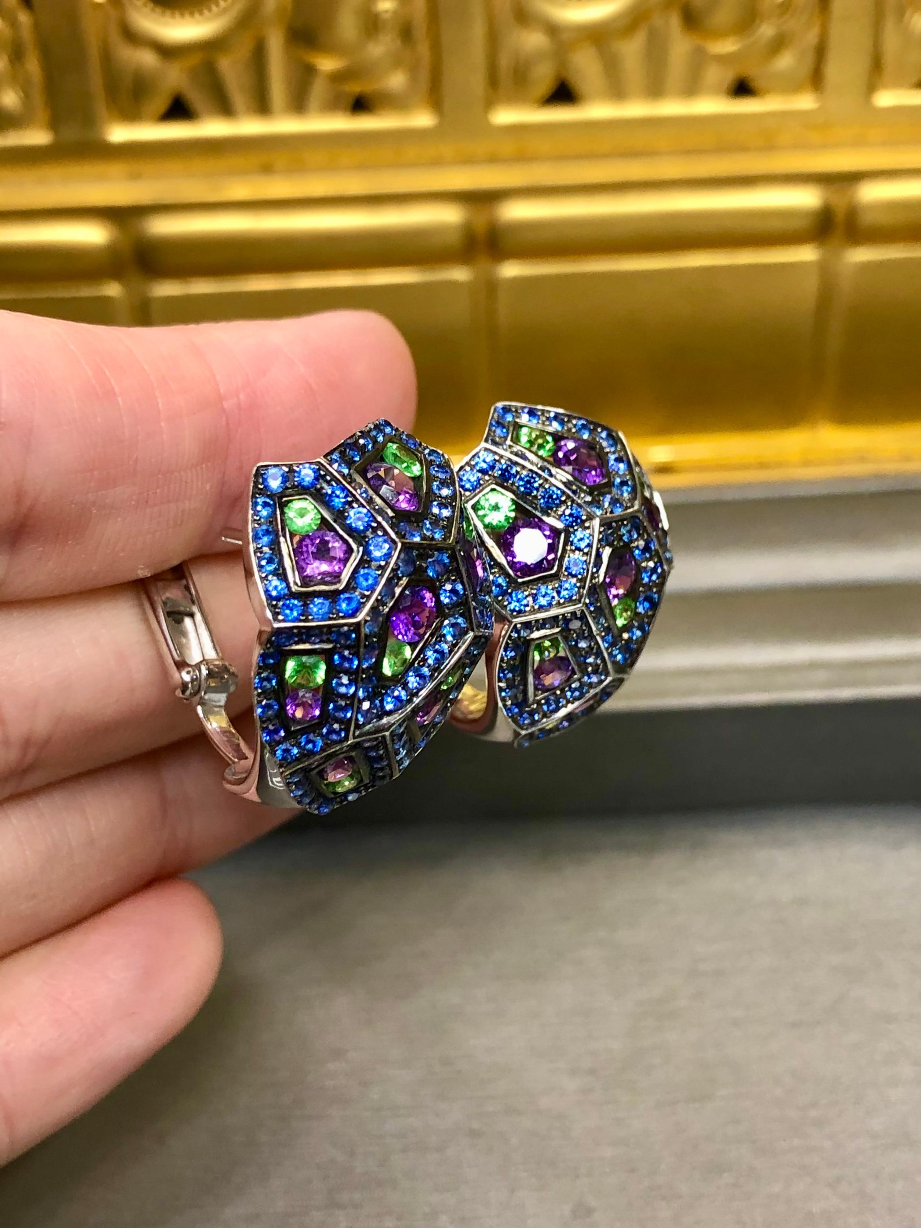 Estate BUCHERER 18K Sapphire Tsavorite Amethyst Geometric Huggie Earrings For Sale 3