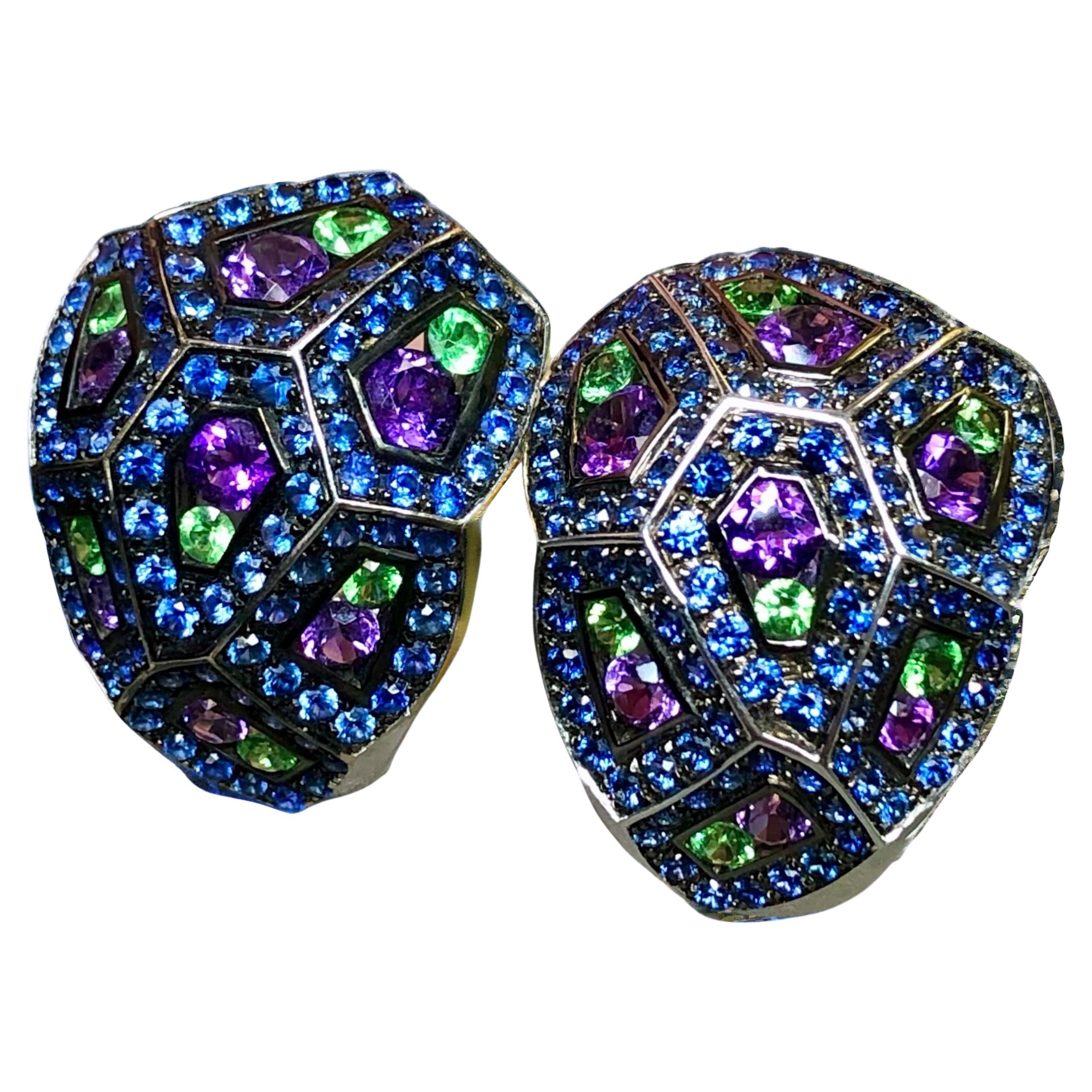 Estate BUCHERER 18K Sapphire Tsavorite Amethyst Geometric Huggie Earrings