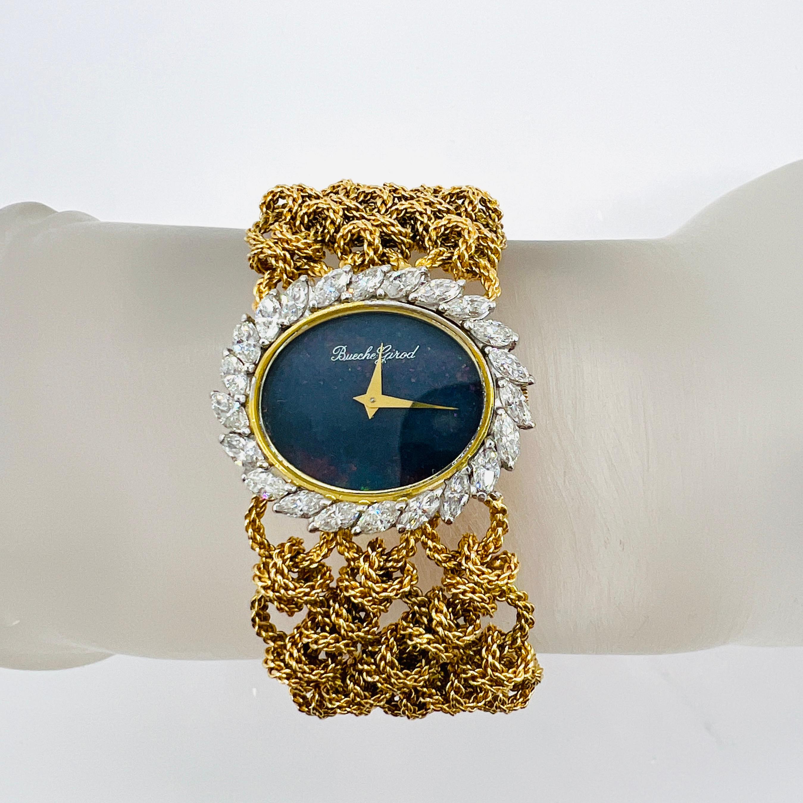 Belle montre de succession Bueche Girod en diamant blanc marquise et or jaune.