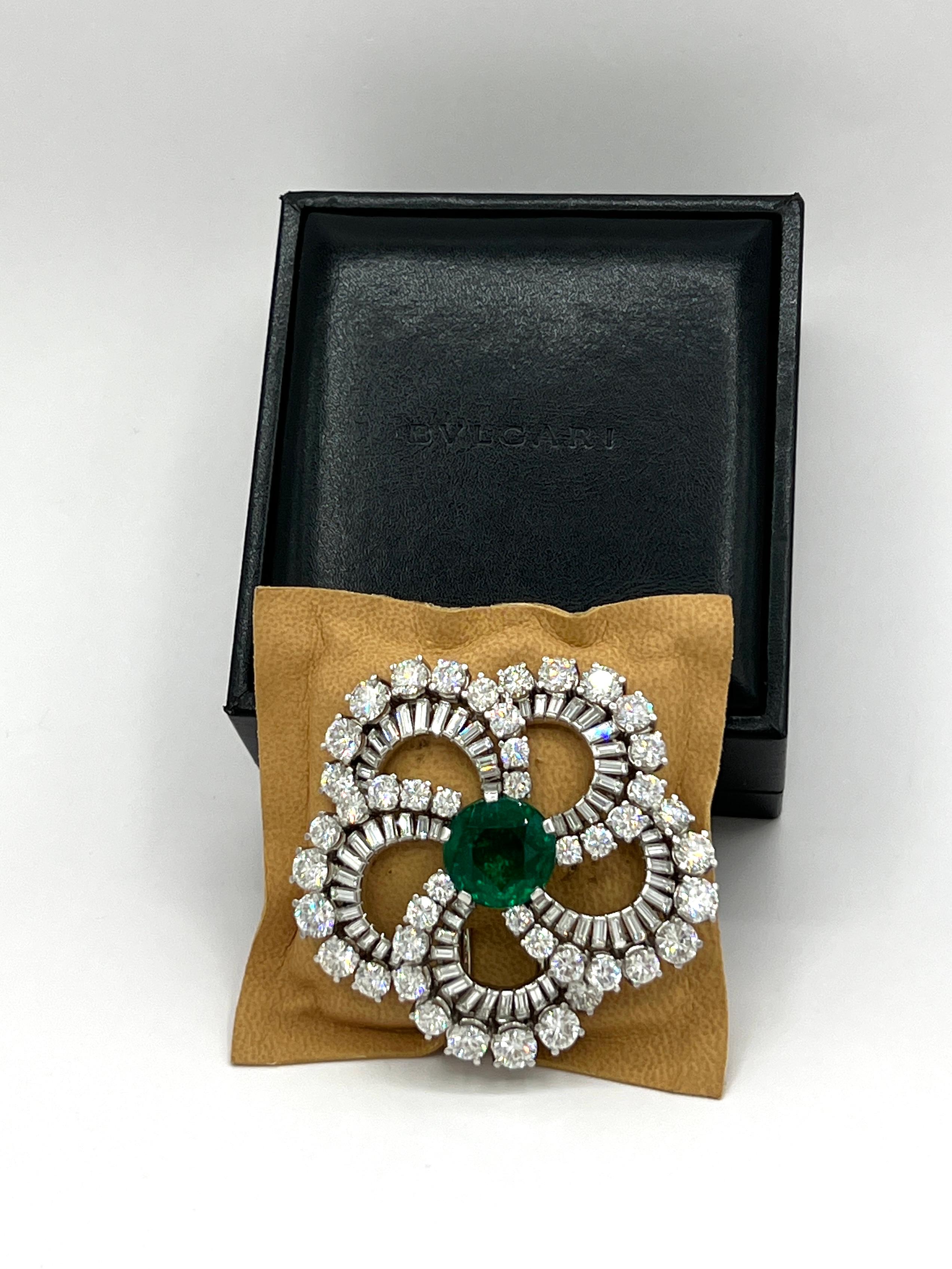 Estate Bulgari 11 Carat Colombian Round Emerald & Diamond Brooch in Original Box In New Condition For Sale In Los Angeles, CA