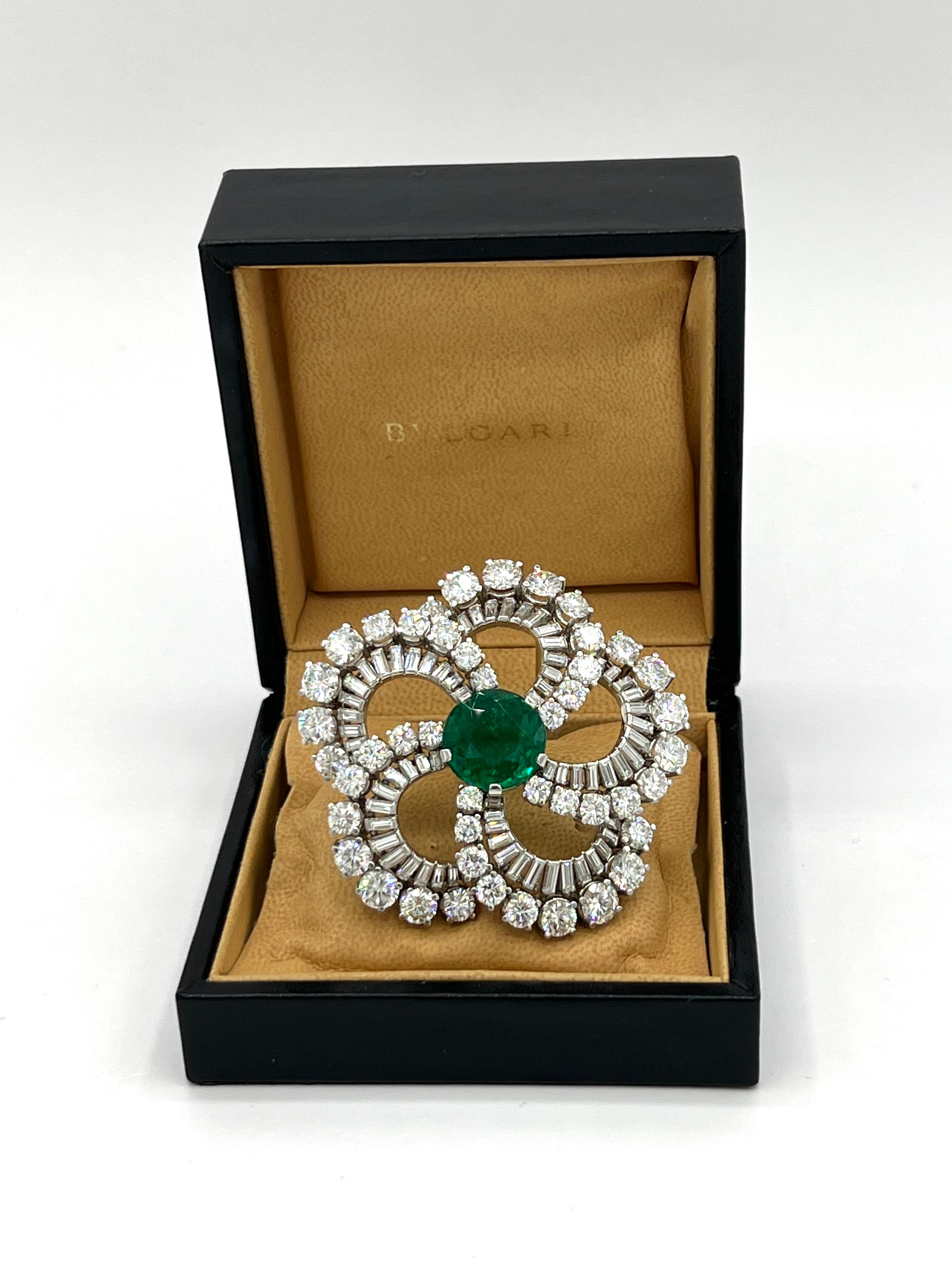 Women's or Men's Estate Bulgari 11 Carat Colombian Round Emerald & Diamond Brooch in Original Box For Sale