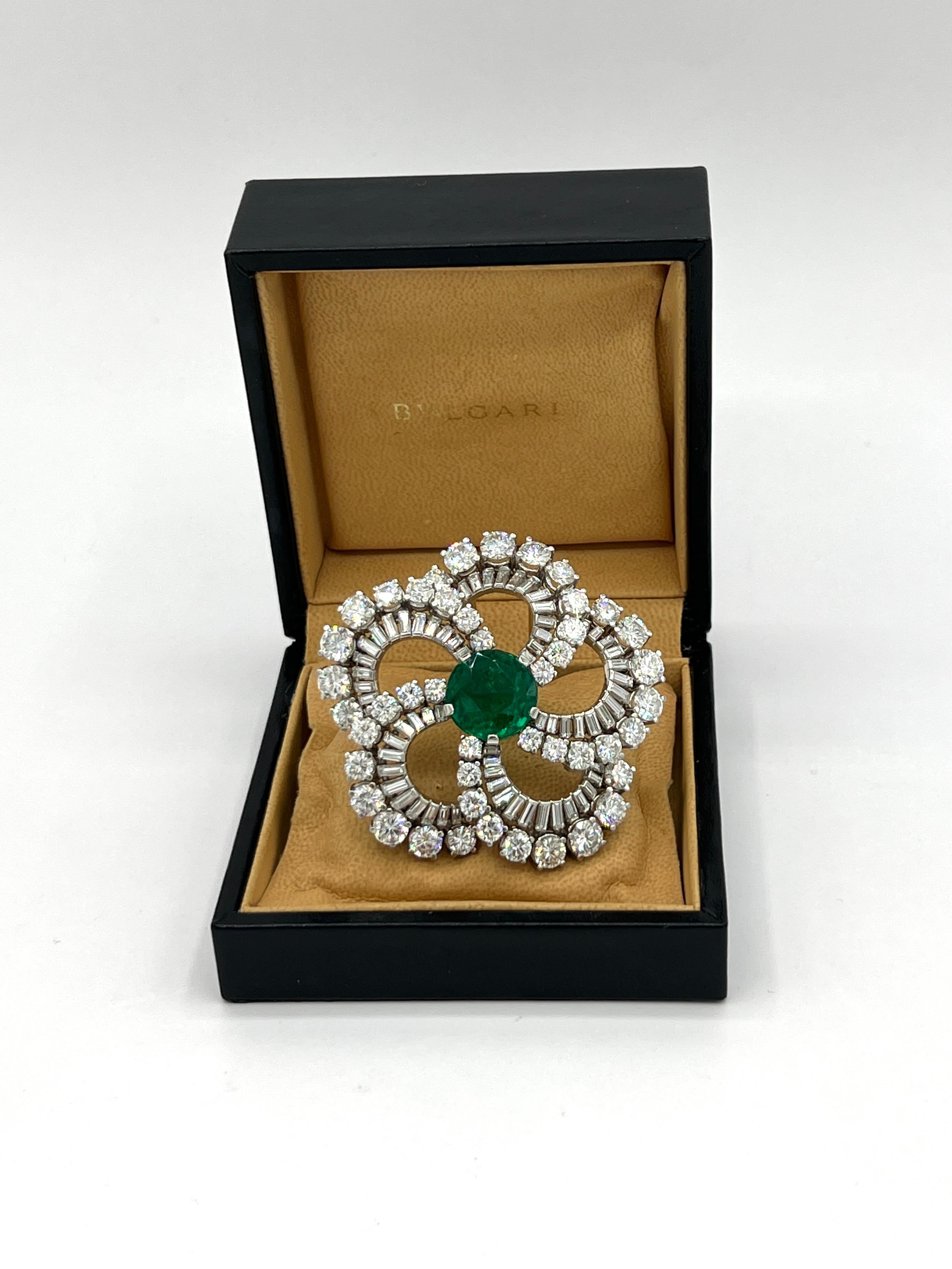Estate Bulgari 11 Carat Colombian Round Emerald & Diamond Brooch in Original Box For Sale 1