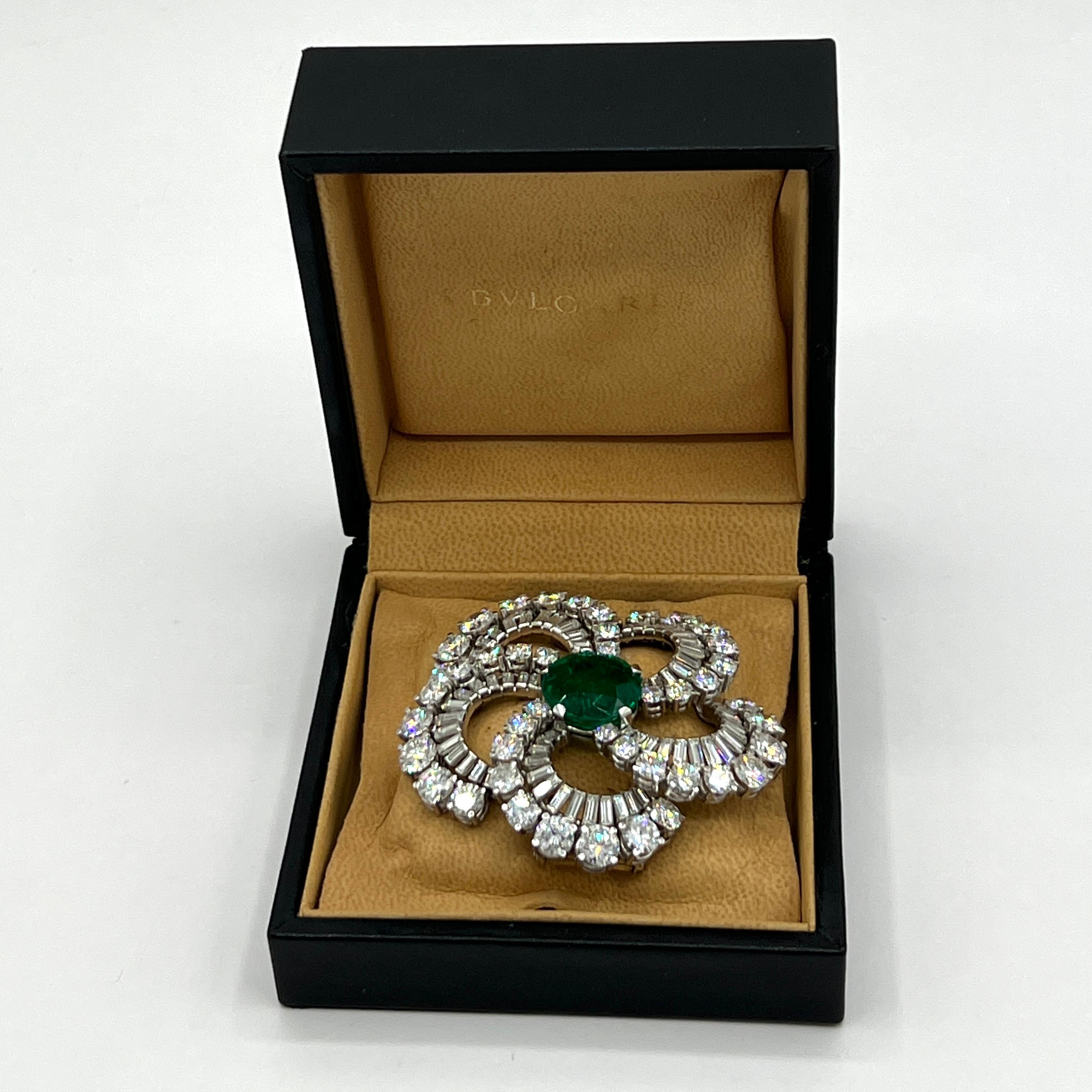 Estate Bulgari 11 Carat Colombian Round Emerald & Diamond Brooch in Original Box For Sale 2