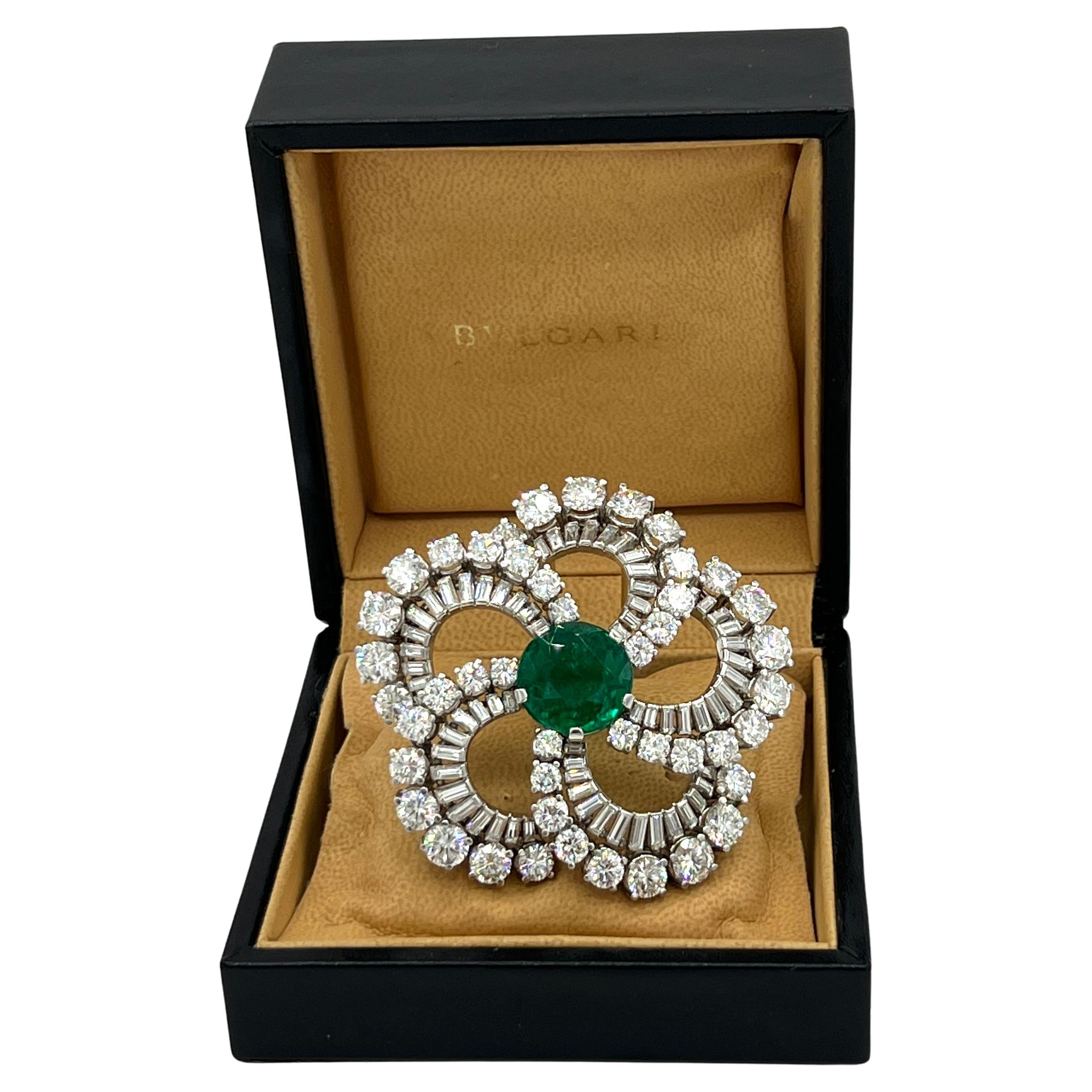 Estate Bulgari 11 Carat Colombian Round Emerald & Diamond Brooch in Original Box For Sale