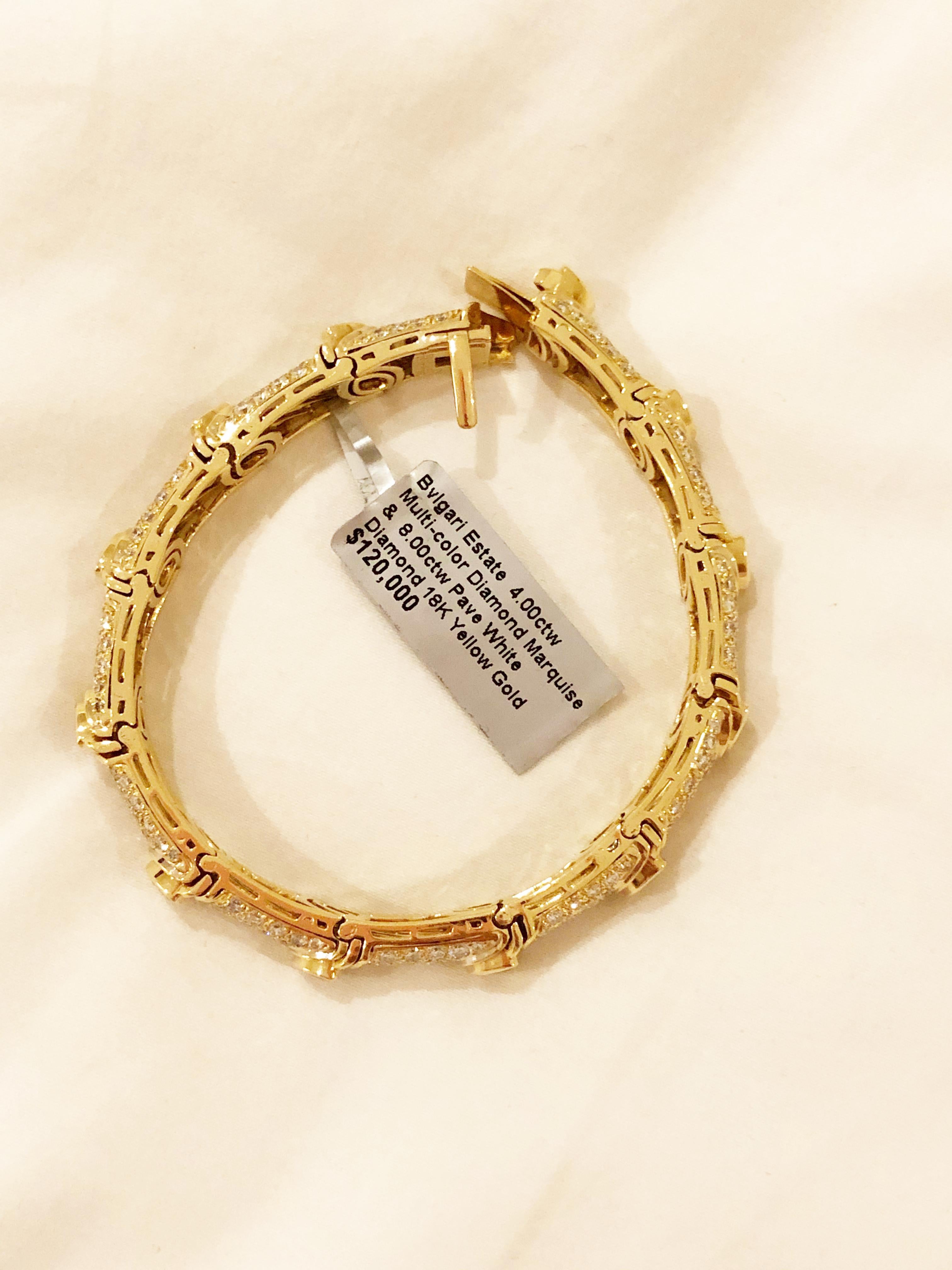 Marquise Cut Estate Bulgari Multi-Color Diamond Bracelet in 18 Karat Yellow Gold