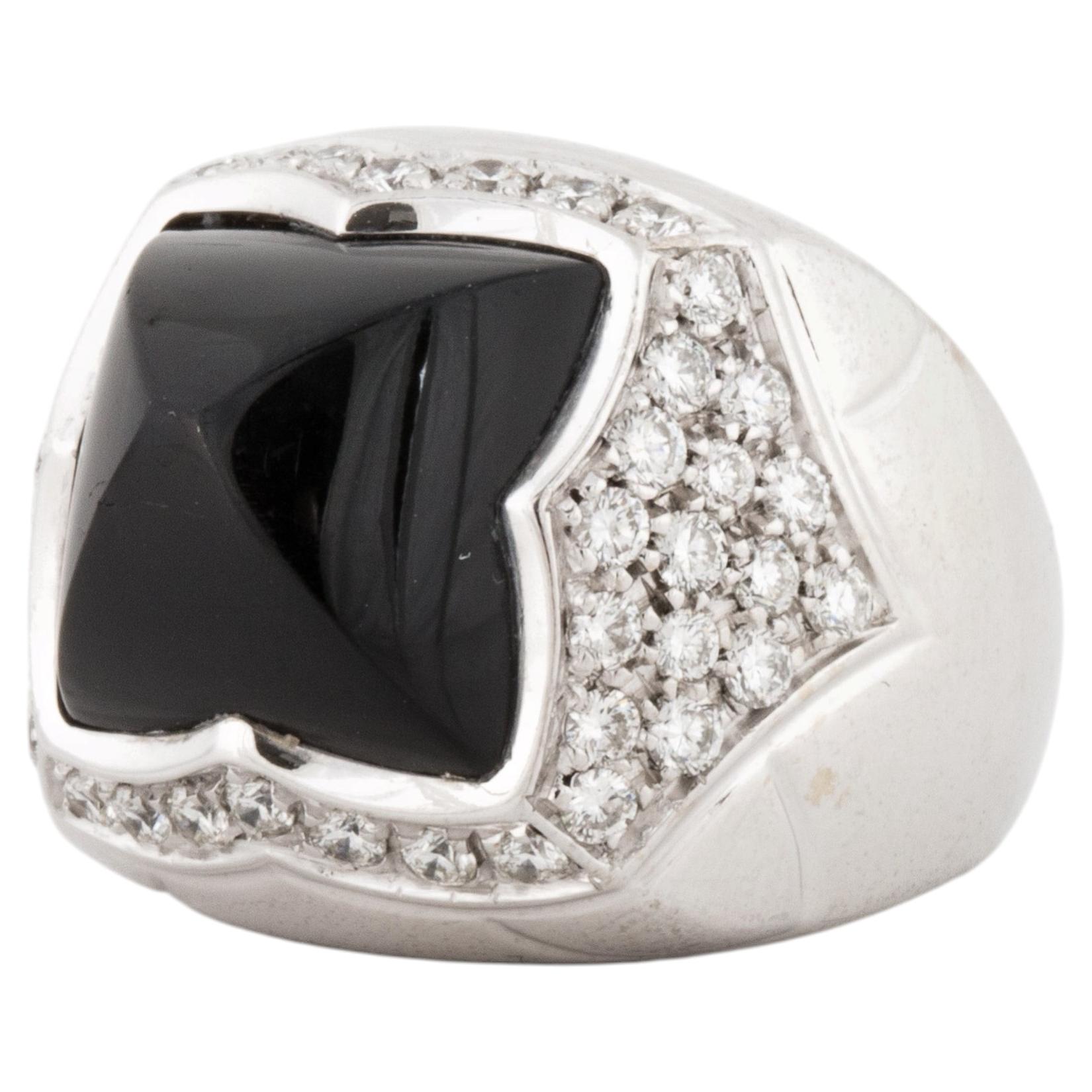 Estate Bulgari Pyramid Onyx and Diamond Ring in 18K White Gold