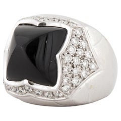 Estate Bulgari Pyramid Onyx and Diamond Ring in 18K White Gold