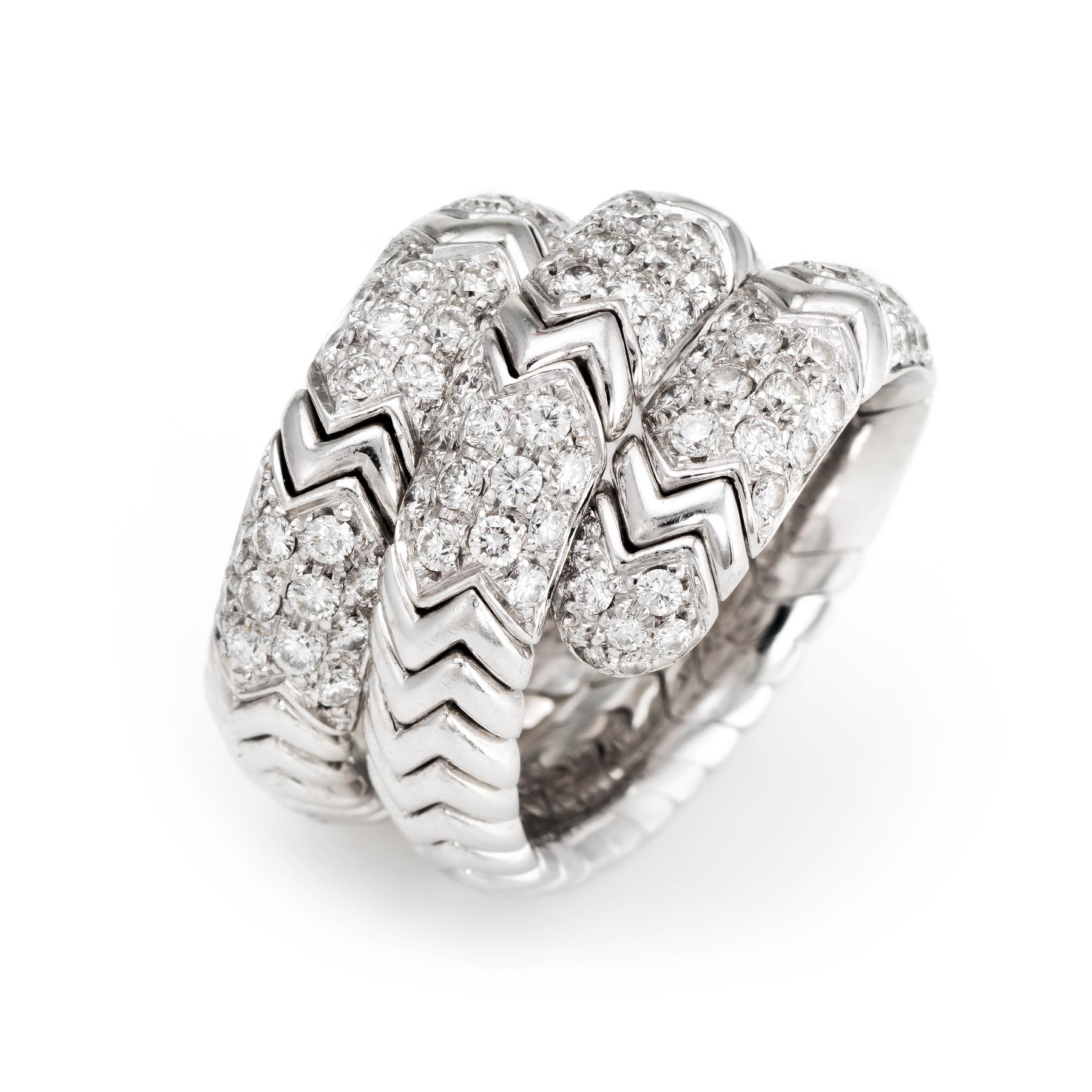 Finely detailed pre owned Bulgari 'Spiga' diamond ring, crafted in 18 karat white gold. 

Round brilliant cut diamonds are pave set into the band totaling an estimated 2.50 carats (estimated at G-H color and VVS1 clarity).   

From the Spiga