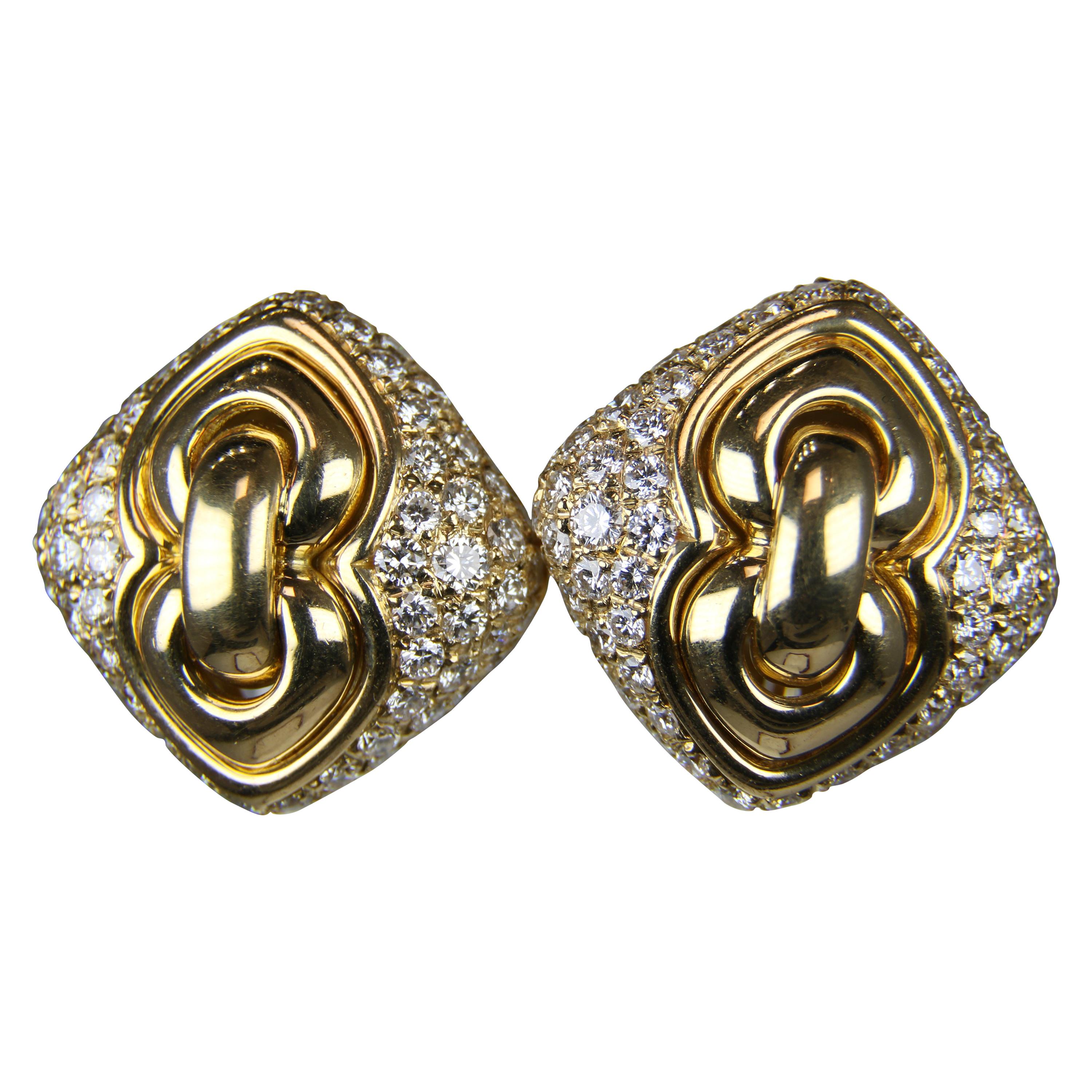 Estate Bulgari Square Pave Diamond Earrings 18K Yellow Gold For Sale