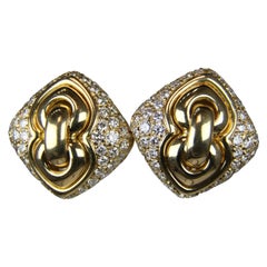 Vintage Estate Bulgari Square Pave Diamond Earrings 18K Yellow Gold