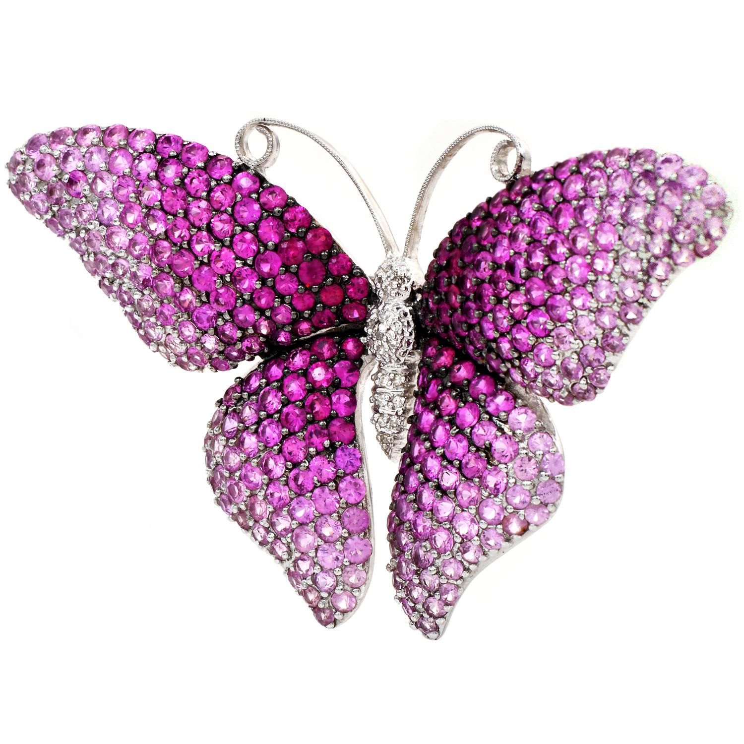 Estate Butterfly Pink Sapphire 18karat Gold Pink Brooch Pin pendant In Excellent Condition For Sale In Miami, FL