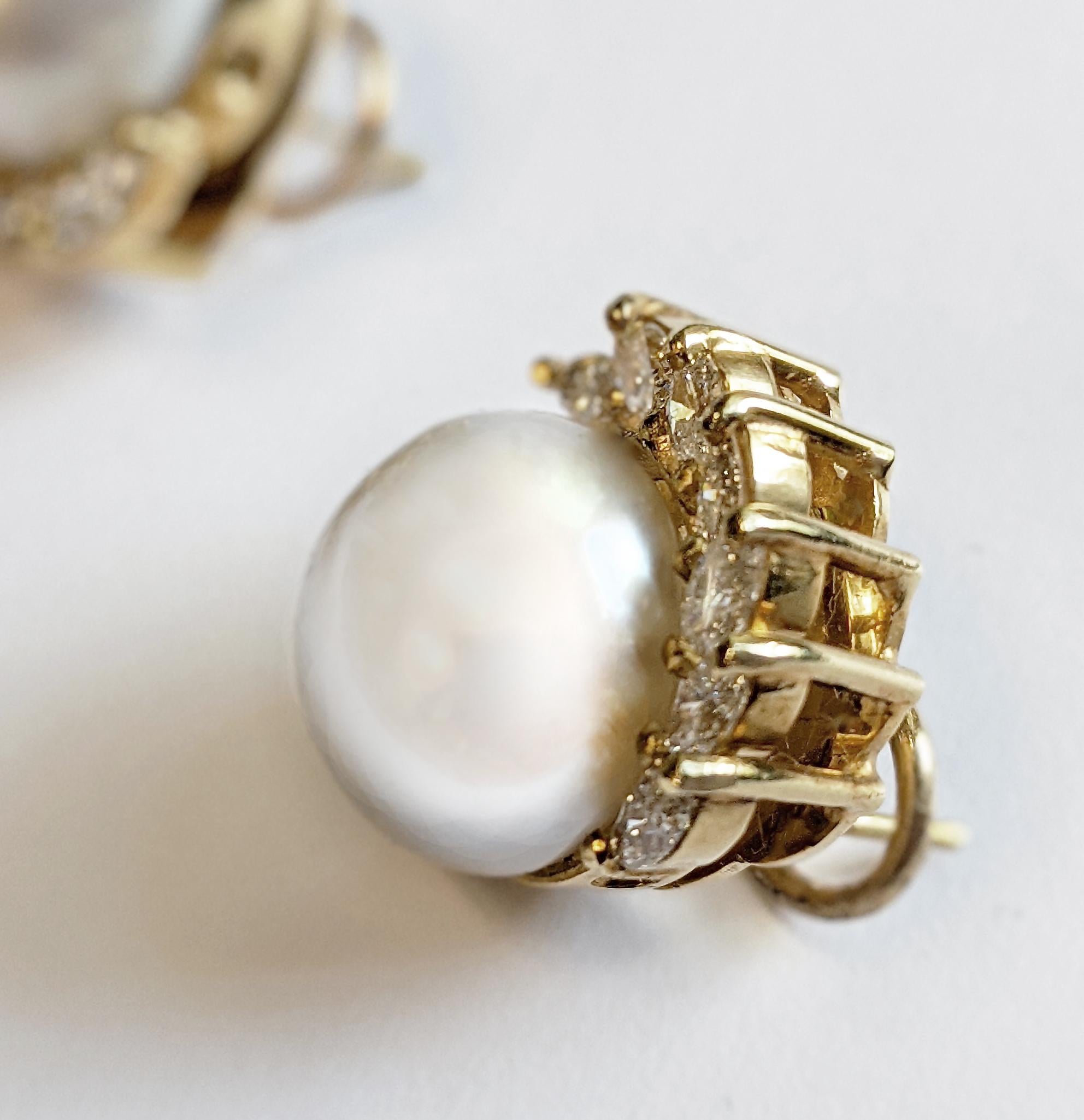 Marquise Cut Estate Button Pearl and Marquise Diamond Earrings in 18 Karat Yellow Gold For Sale
