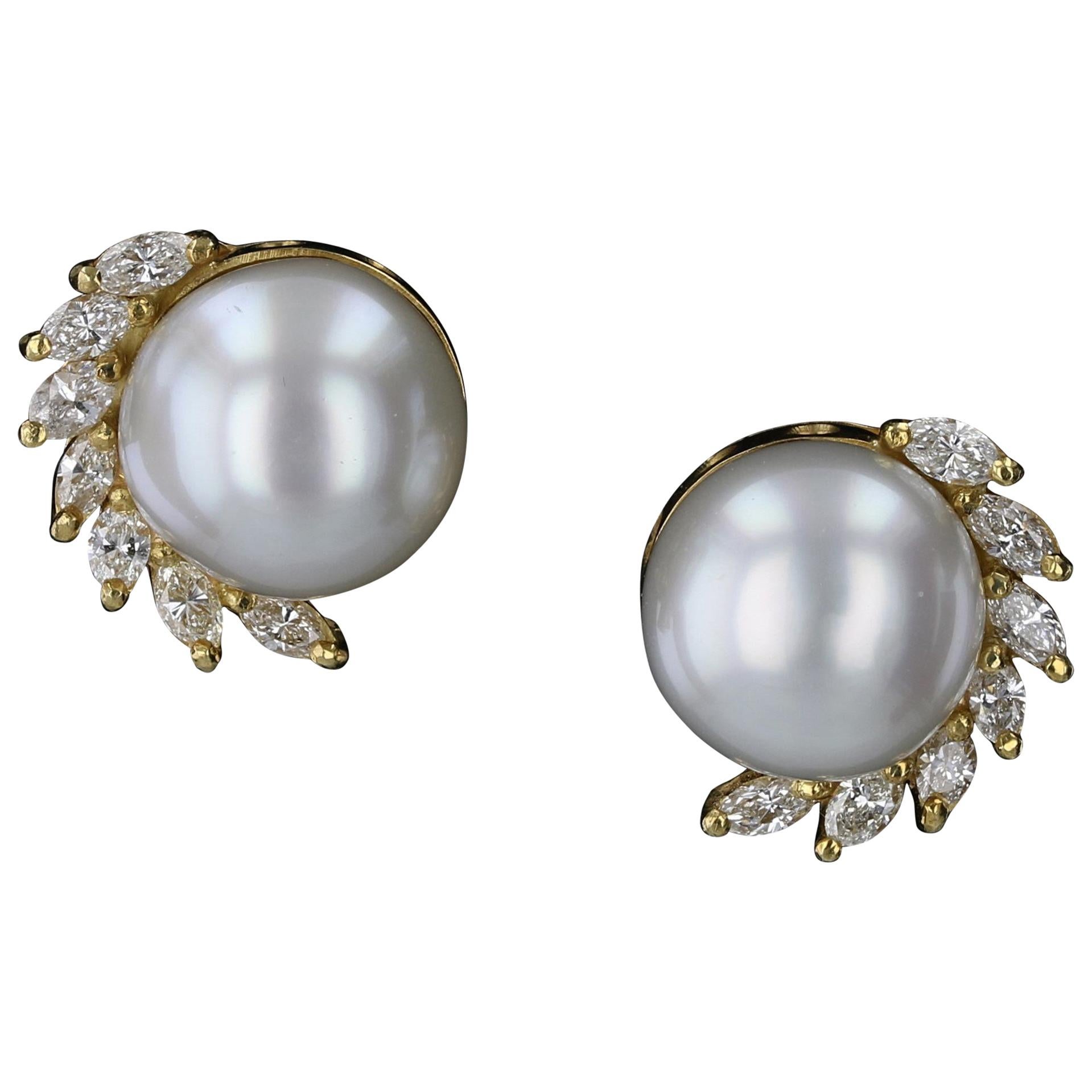 Estate Button Pearl and Marquise Diamond Earrings in 18 Karat Yellow Gold For Sale